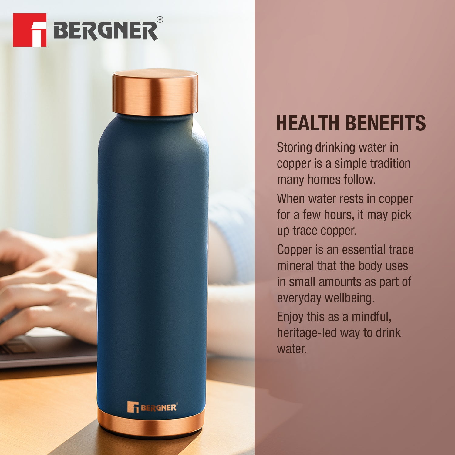 Walking Pure Copper Water Bottle 950ml | Non-Toxic Leak Resistant-Navy Blue