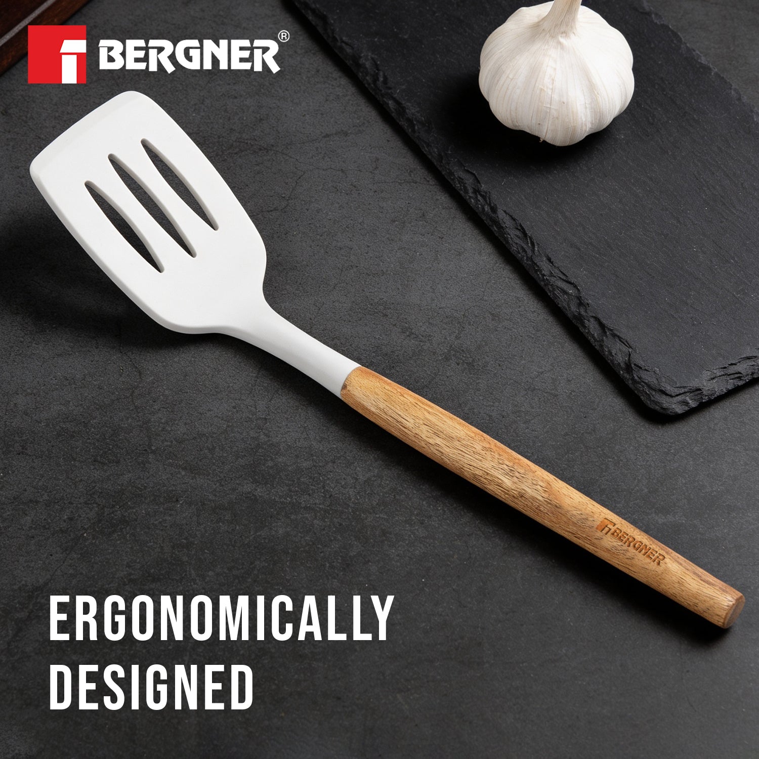 Naturally Silicone Slotted Turner 33cm with Wooden Handle