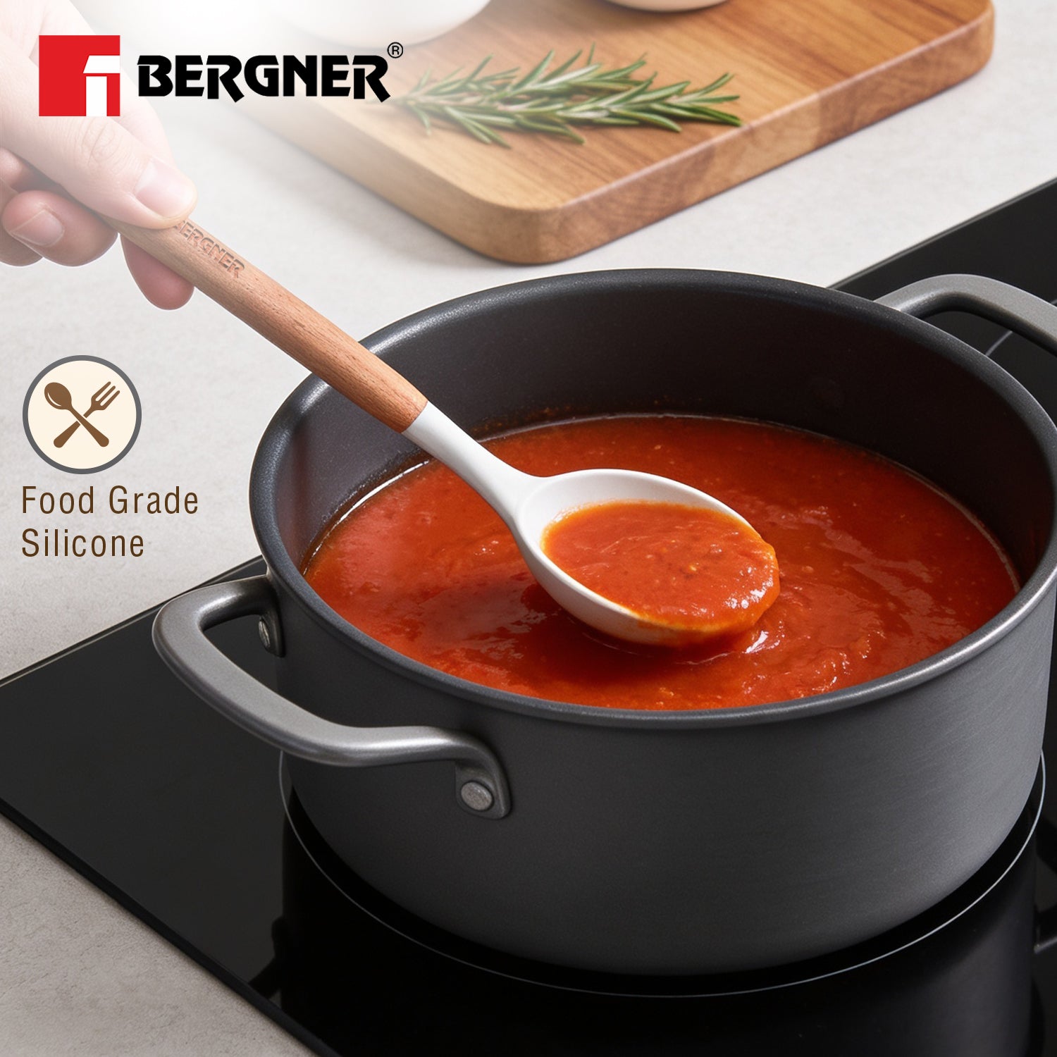 Naturally Silicone Solid Spoon 32cm with Wooden Handle