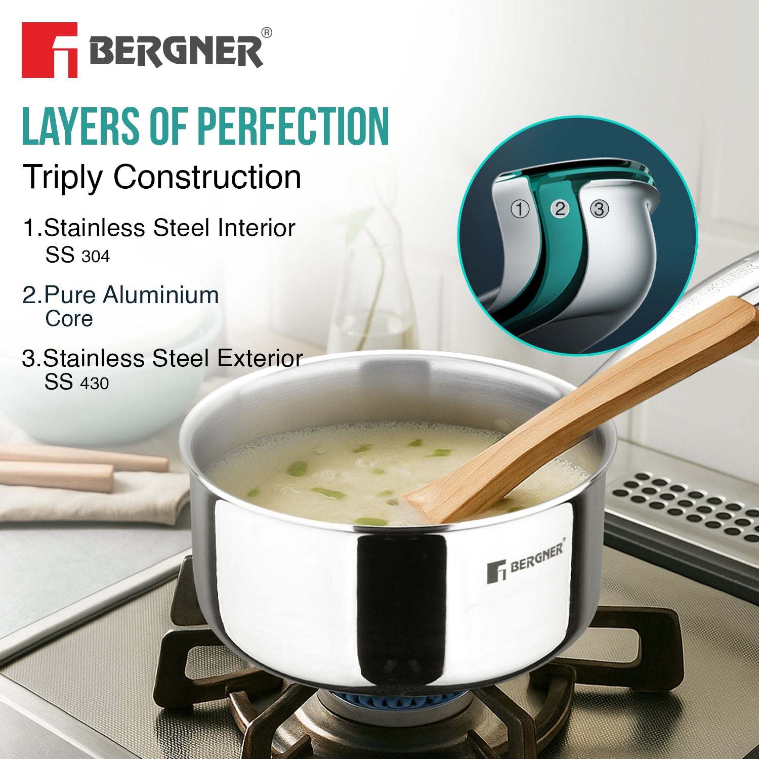 Bergner Argent Triply 4 Pcs Cookware Set - Induction and Gas Stove Ready
