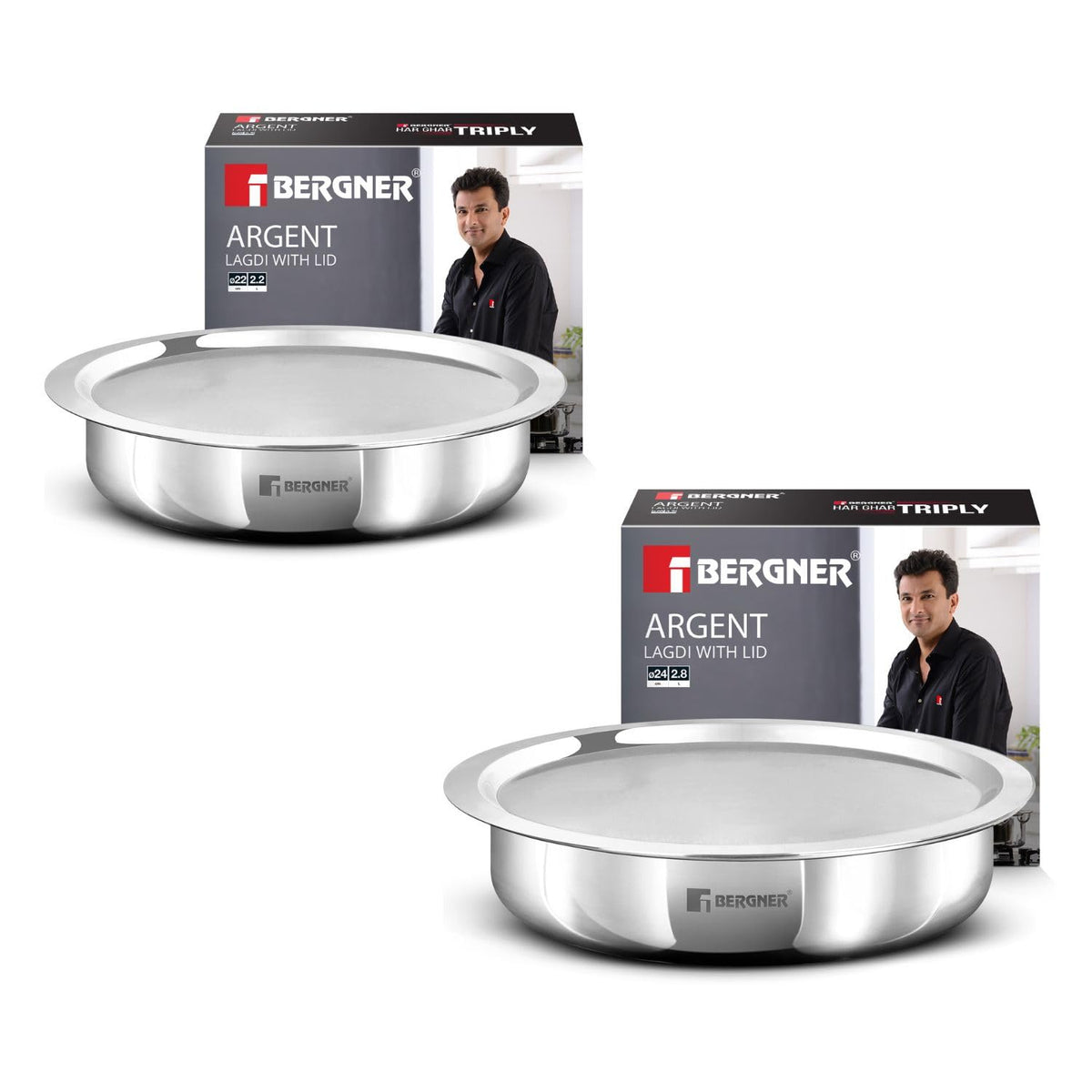 Argent Triply Lagdi Combo Set 4 Pcs (22cm/1.7L + 24cm/1.9L with Lids)