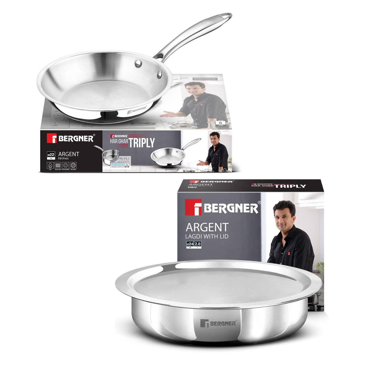 Bergner Argent Triply Cookware Combo Set 3 Pcs (24cm/1.9L Lagdi + 22cm Frypan with Lid)