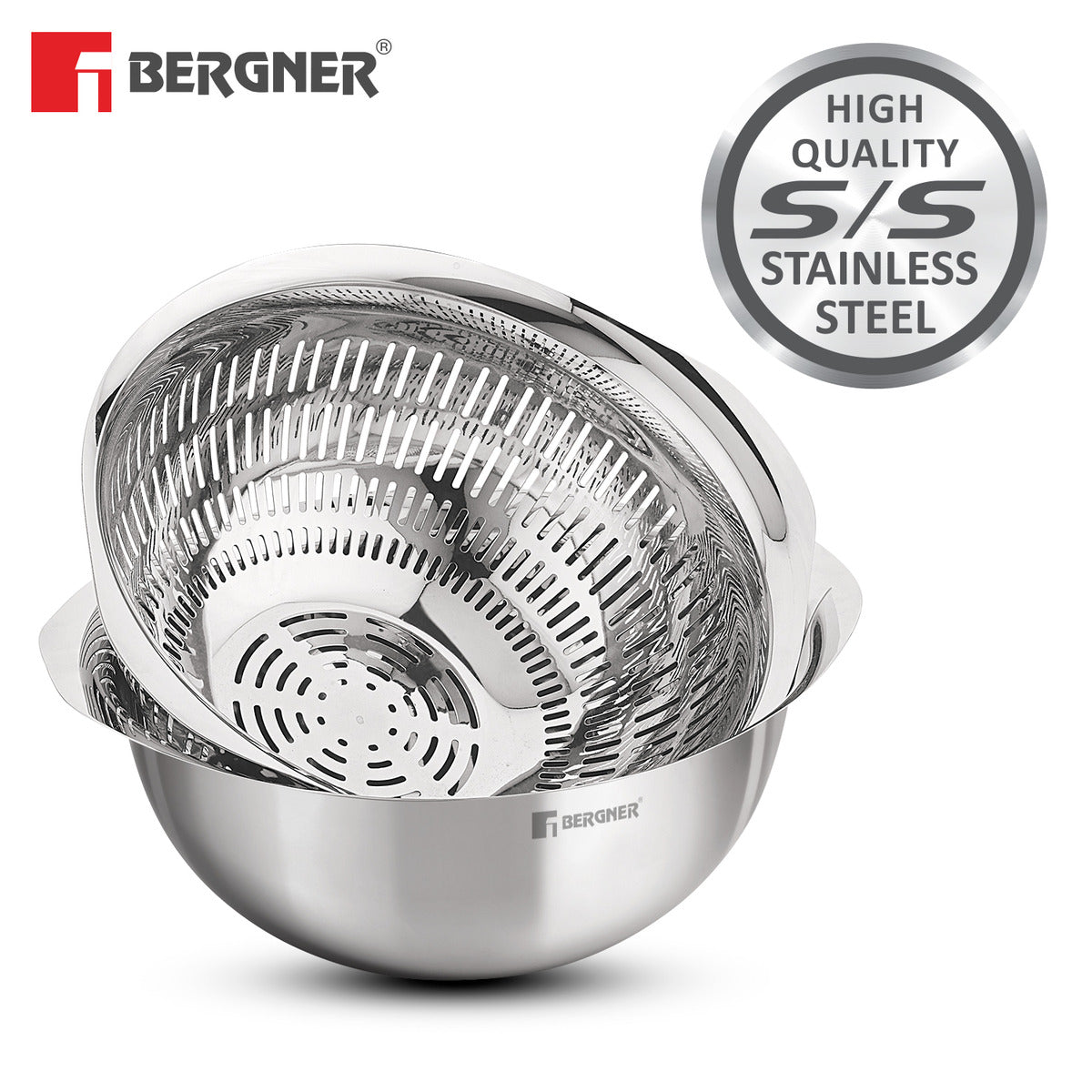 Bergner Stainless Steel Uni Colander and Mixing Bowl, 2 in 1 Stainless Steel 26 cm (3.6 Liters) Mixing Bowl and Colander