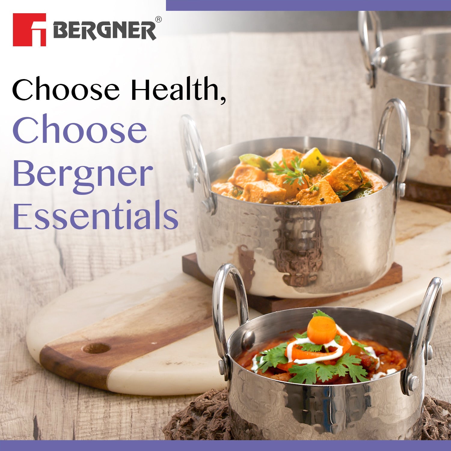 Bergner BE Essentials Stainless Steel Mini Hammered 3 Pcs Serving Set - Gas Stove Compatible (5-Year Warranty)