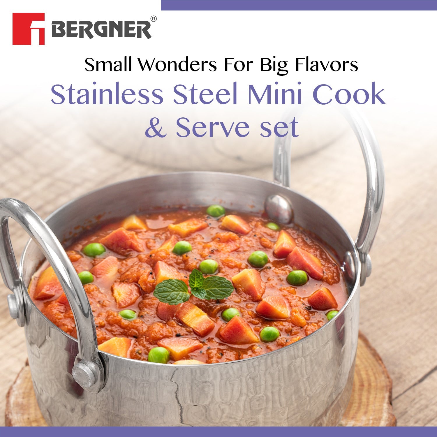 Bergner BE Essentials Stainless Steel Mini Hammered 3 Pcs Serving Set - Gas Stove Compatible (5-Year Warranty)