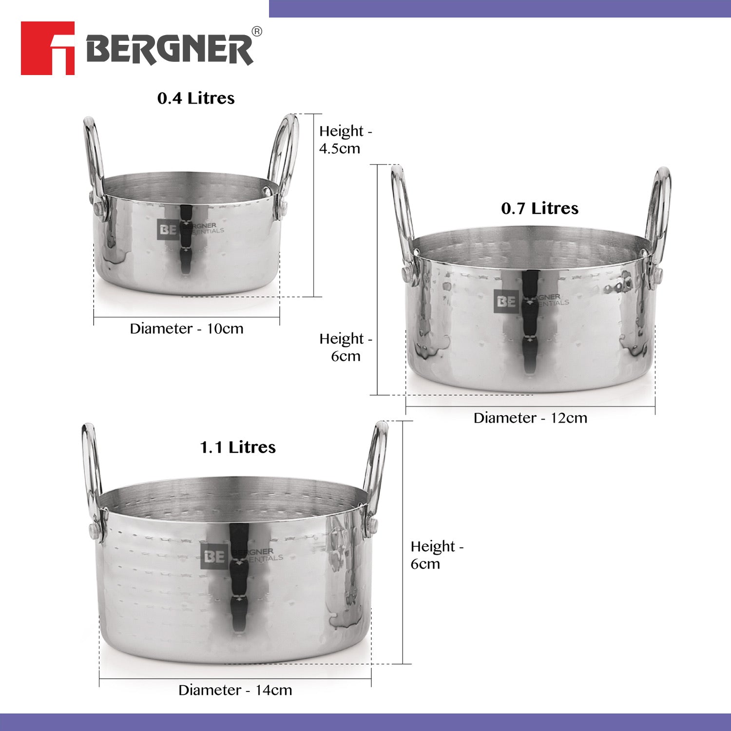 Bergner BE Essentials Stainless Steel Mini Hammered 3 Pcs Serving Set - Gas Stove Compatible (5-Year Warranty)