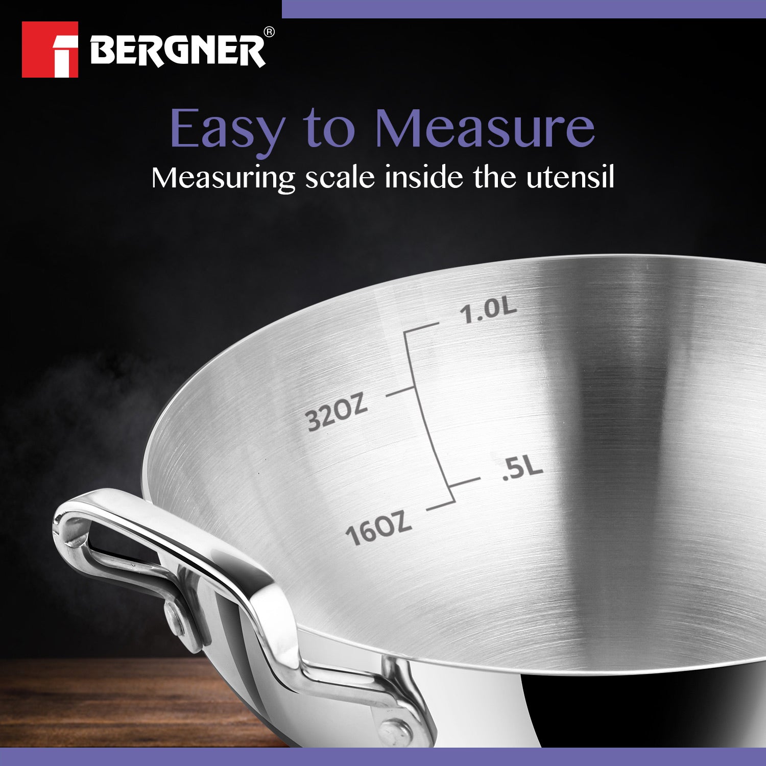 Bergner BE Essentials Tri-Ply Stainless Steel Extra Deep Kadai - Gas Stove Compatible (5-Year Warranty)