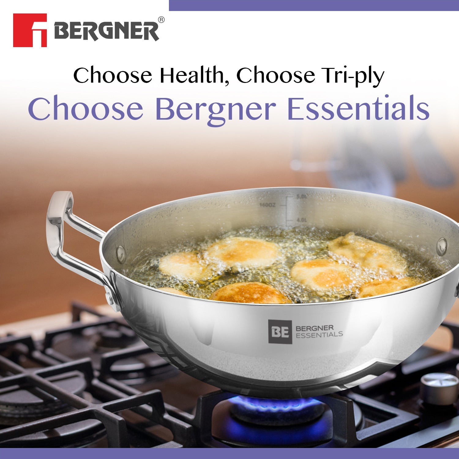 Bergner BE Essentials Tri-Ply Stainless Steel Extra Deep Kadai - Gas Stove Compatible (5-Year Warranty)