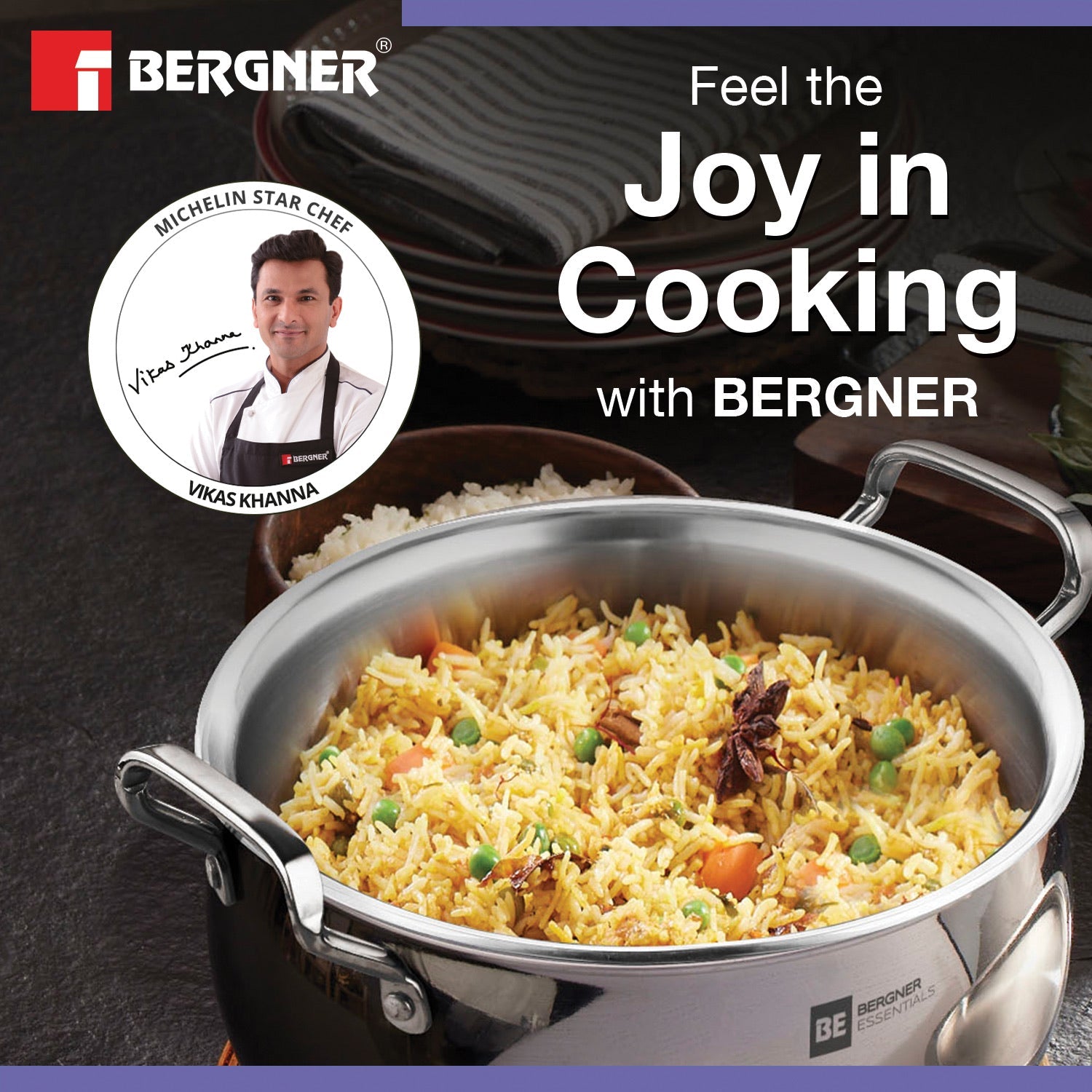 Bergner BE Essentials Tri-Ply Stainless Steel Rice Handi with Lid, 2.5mm Body Thickness - Induction Bottom (5-Year Warranty)