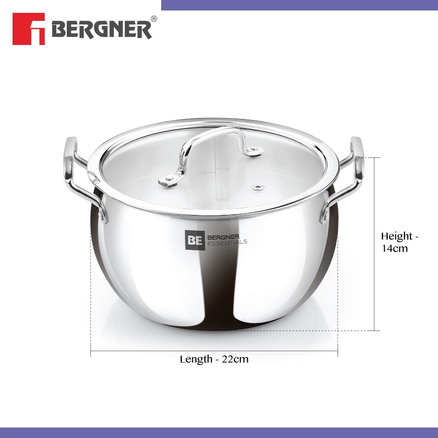 Bergner BE Essentials Tri-Ply Stainless Steel Rice Handi with Lid, 2.5mm Body Thickness - Induction Bottom (5-Year Warranty)