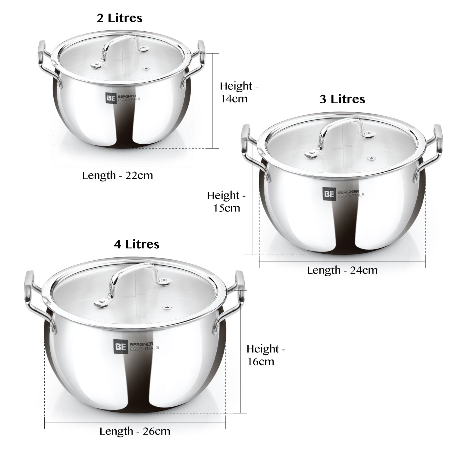 BE Essentials Tri-Ply Stainless Steel 3 Pcs Rice Handi Set