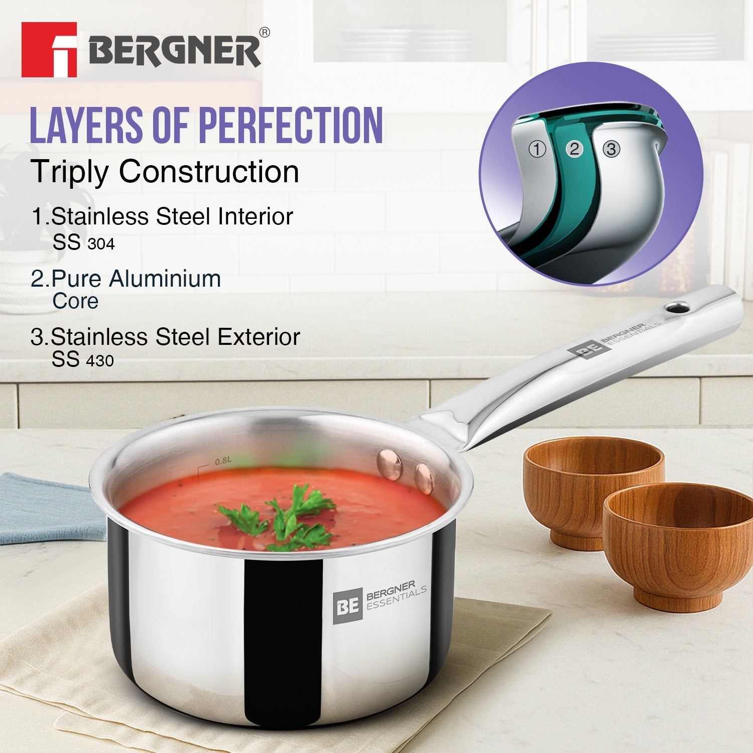 BE Essentials Era TriPly Stainless Steel 12cm (800ml) Teapan - Induction Bottom