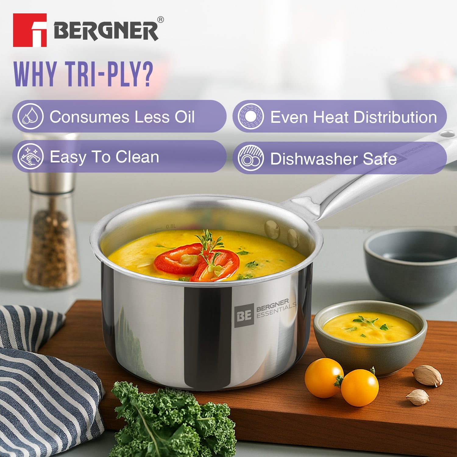 BE Essentials Era TriPly Stainless Steel 12cm (800ml) Teapan - Induction Bottom