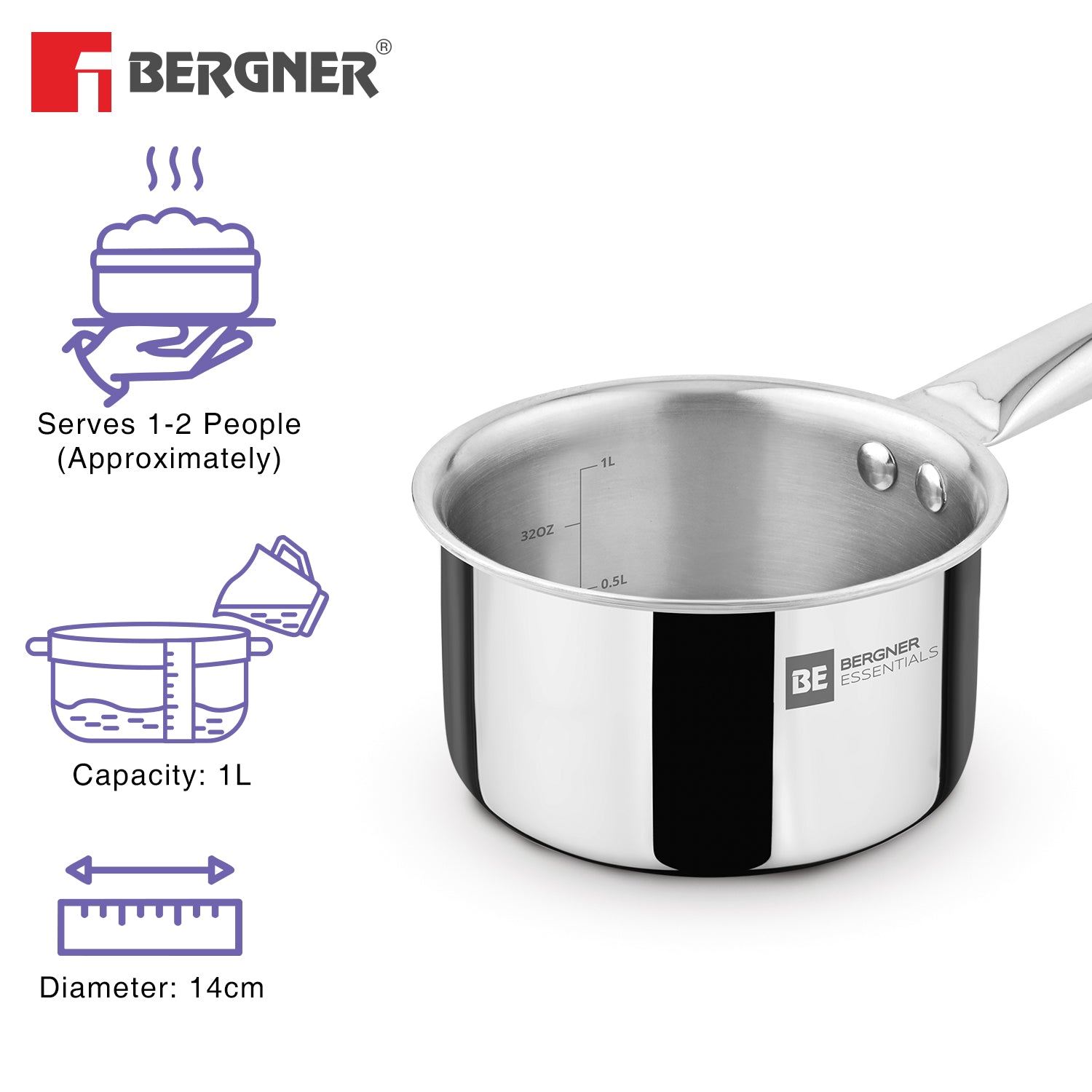 BE Essetials Era TriPly Stainless Steel 14cm (1L) Teapan - Induction Bottom
