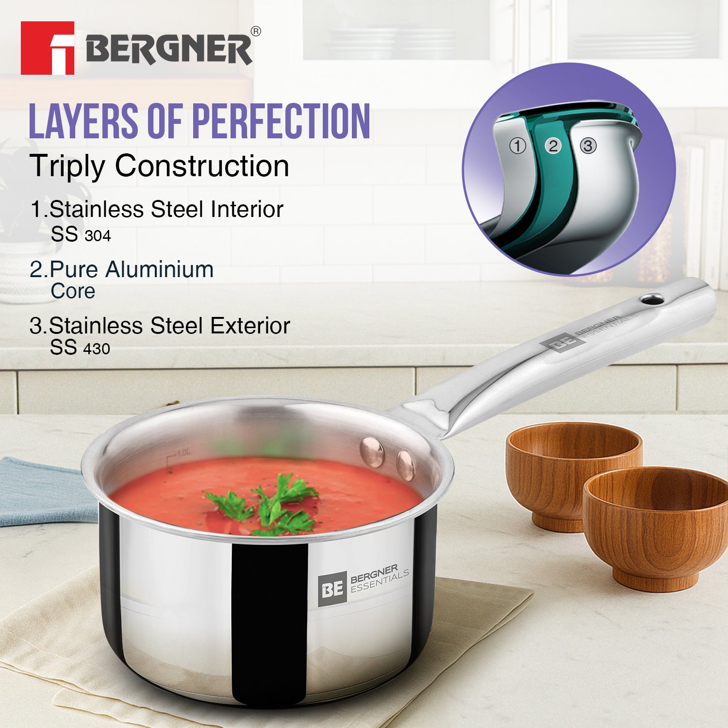 BE Essetials Era TriPly Stainless Steel 14cm (1L) Teapan - Induction Bottom