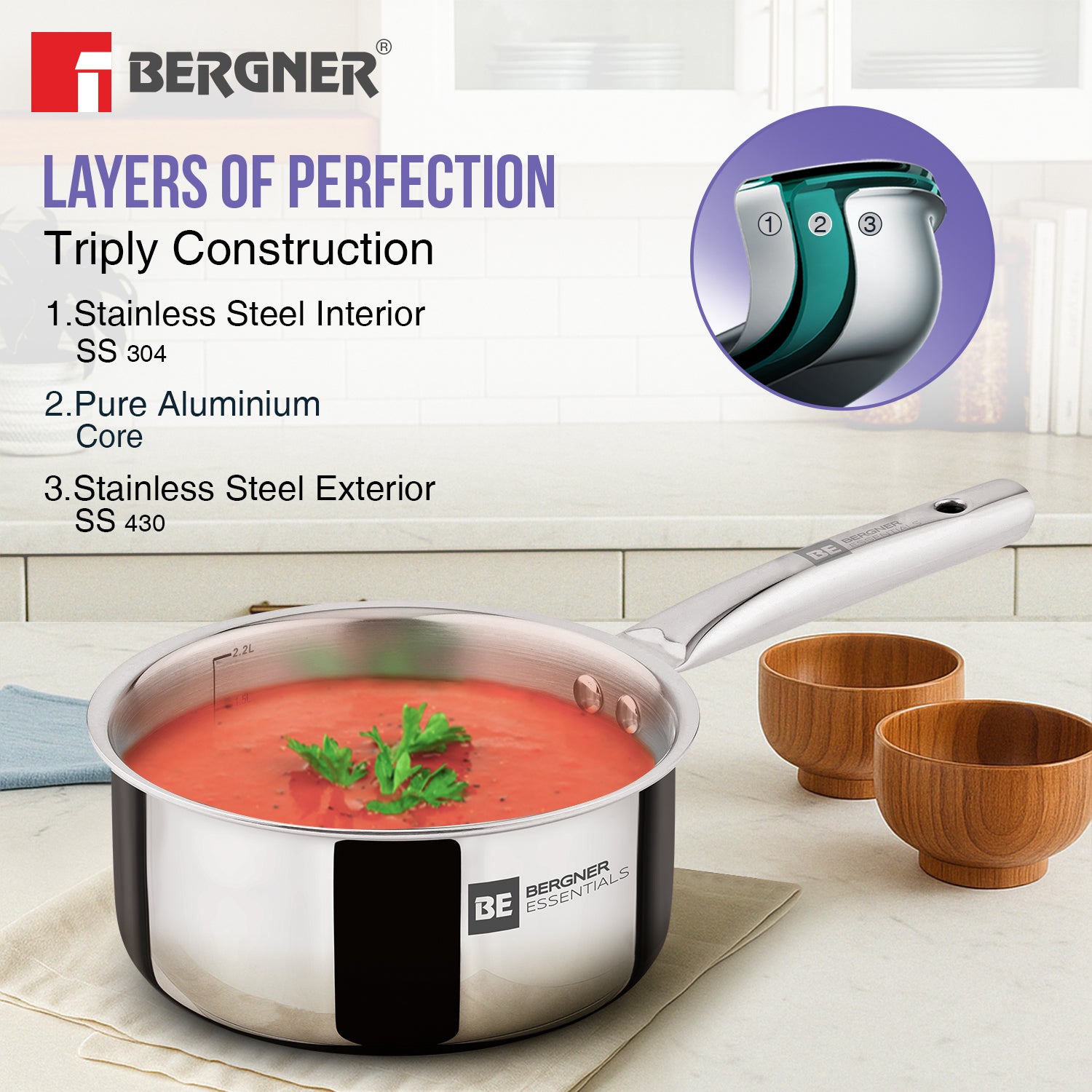 BE Essentials Era TriPly Stainless Steel 18cm (2.2 L) Teapan - Induction Bottom