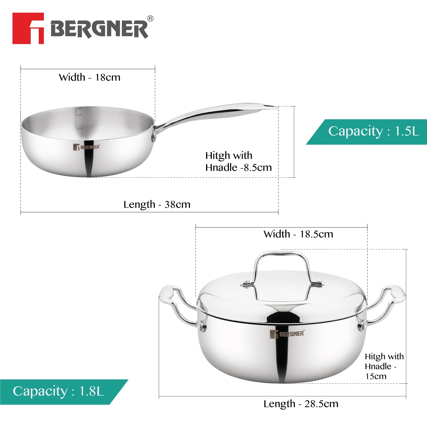 Argent Saira Saiba Tri-Ply Stainless Steel 3 Pcs Cookware Set