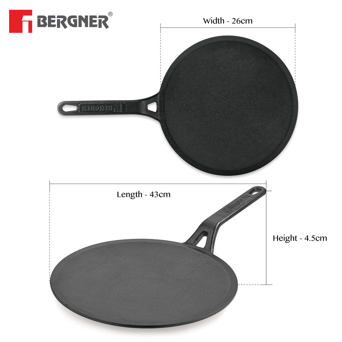 Bergner Eco Cast Iron 26cm Roti Tawa, Comes with Silicone Sleeve - Induction Bottom (Black)
