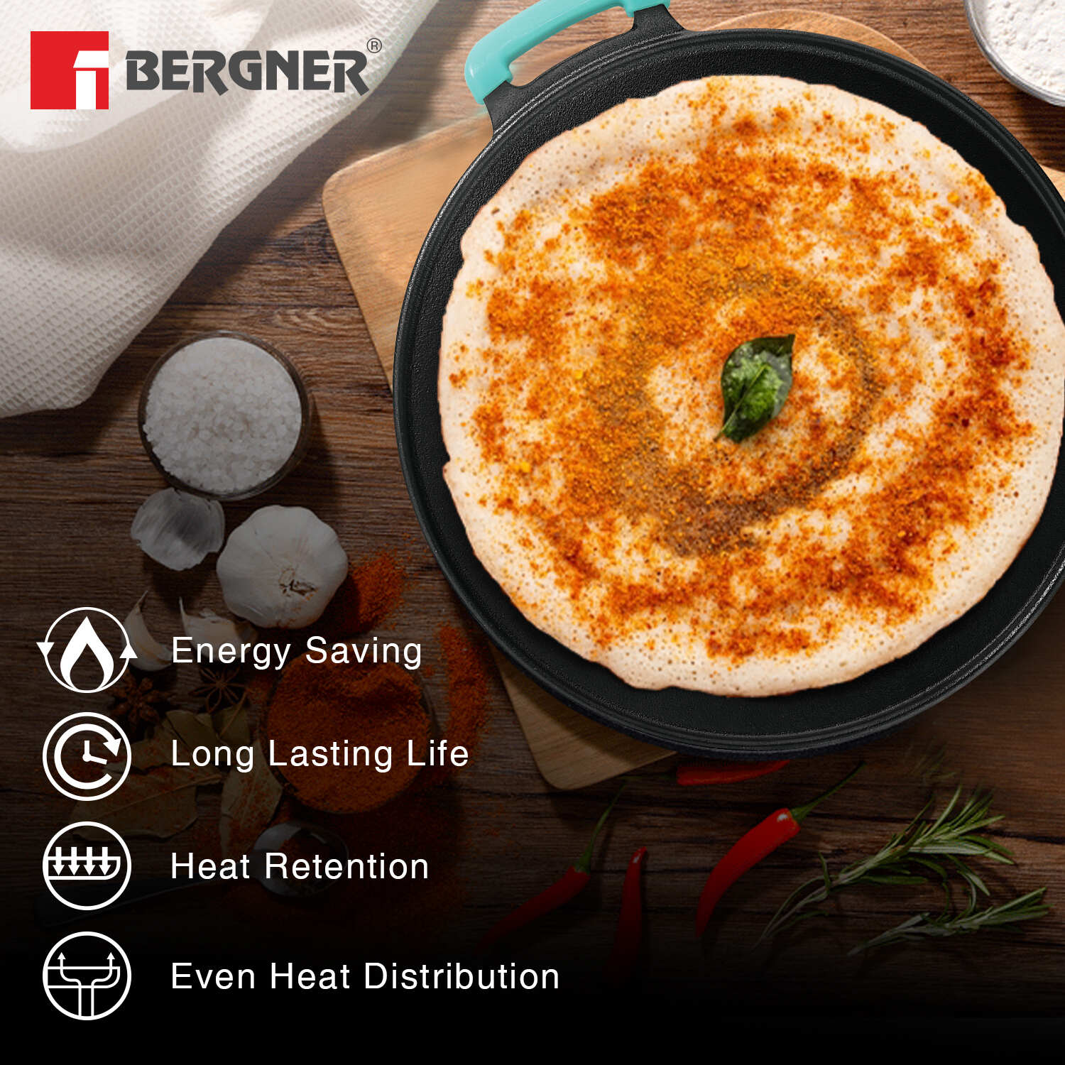 Eco Cast Iron 30cm Flat Multi Tawa with One Sided Handle - Induction Bottom