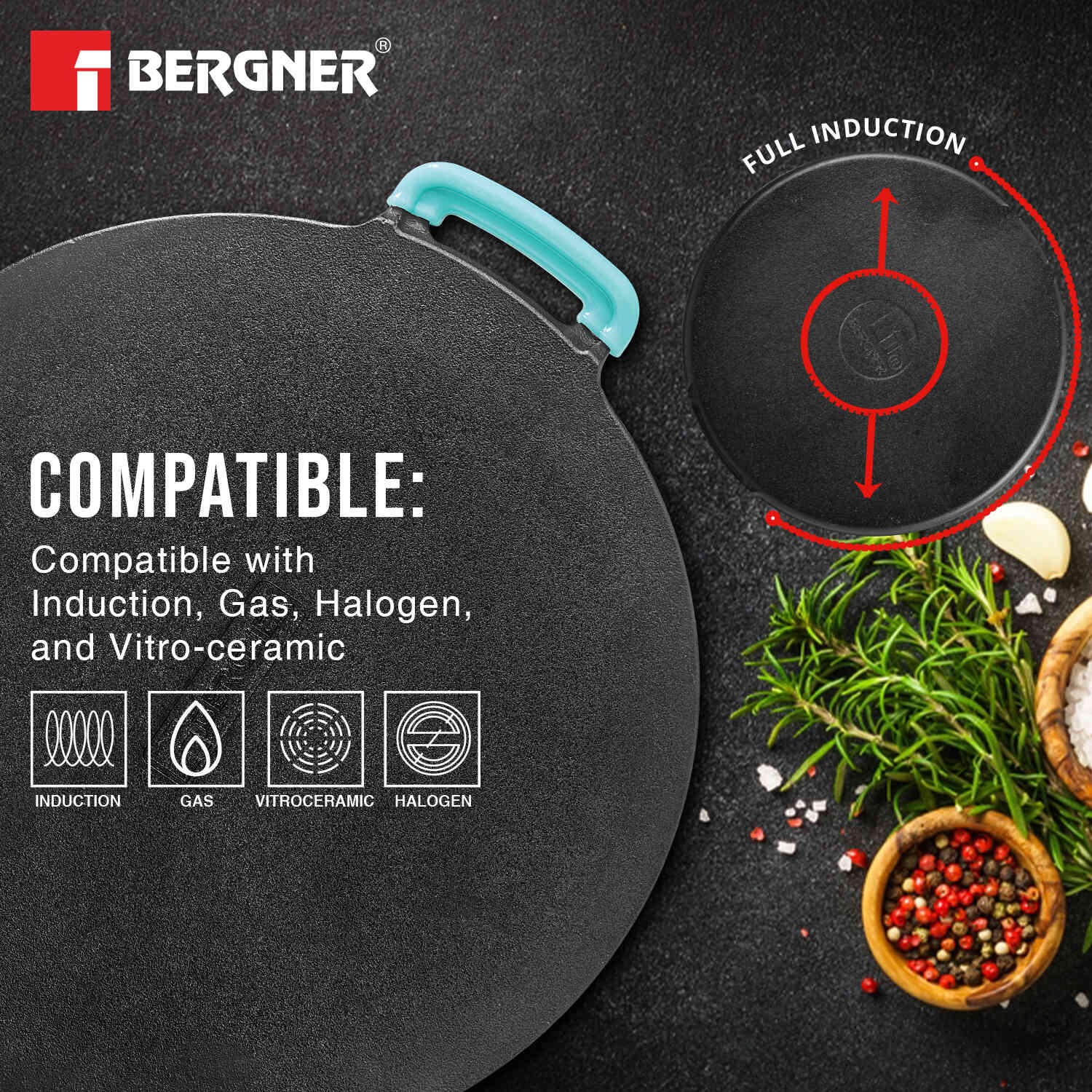 Eco Cast Iron 30cm Flat Multi Tawa with One Sided Handle - Induction Bottom