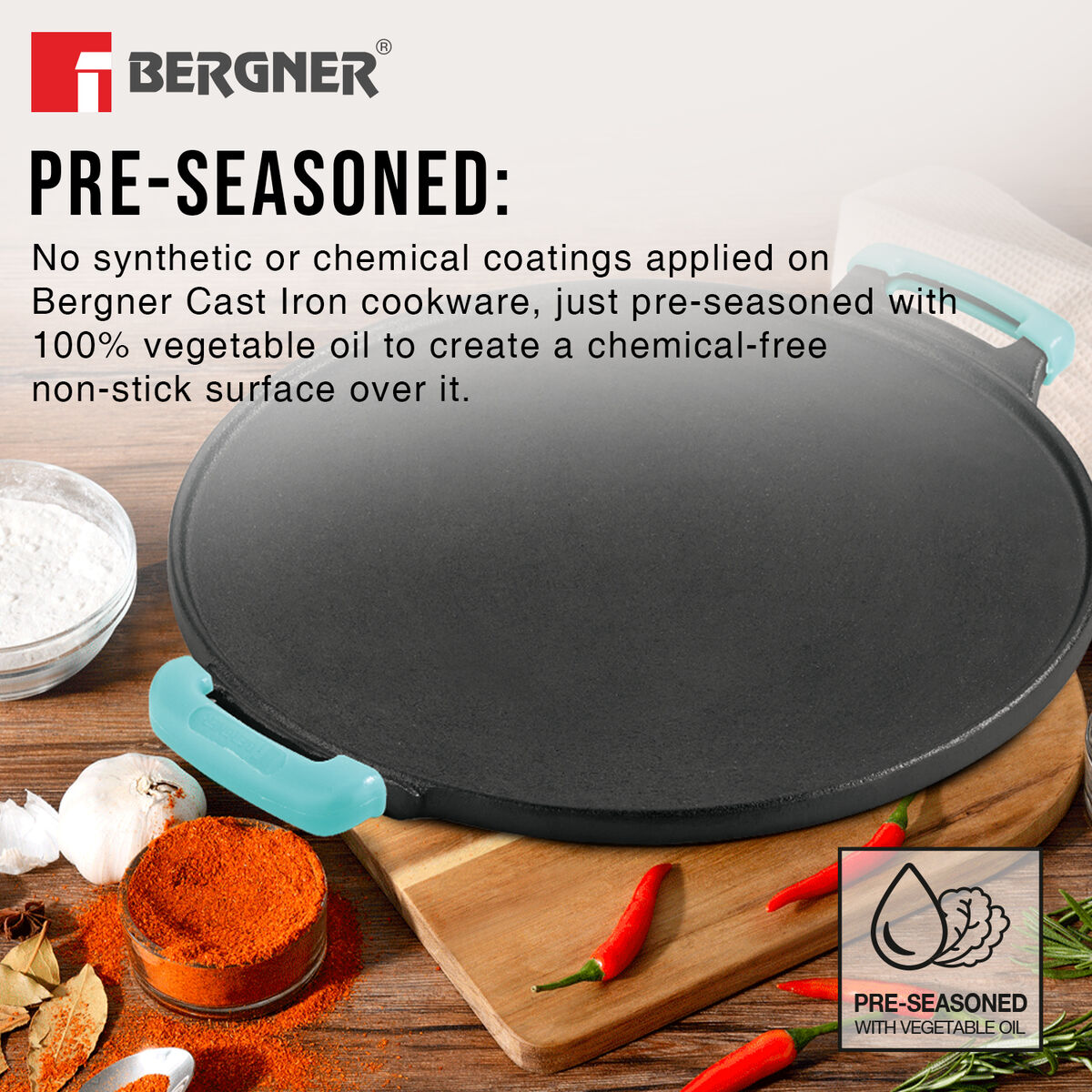 Bergner Eco Cast Iron 30cm Dosa Tawa, Comes with Silicone Sleeve - Induction Bottom (Black)