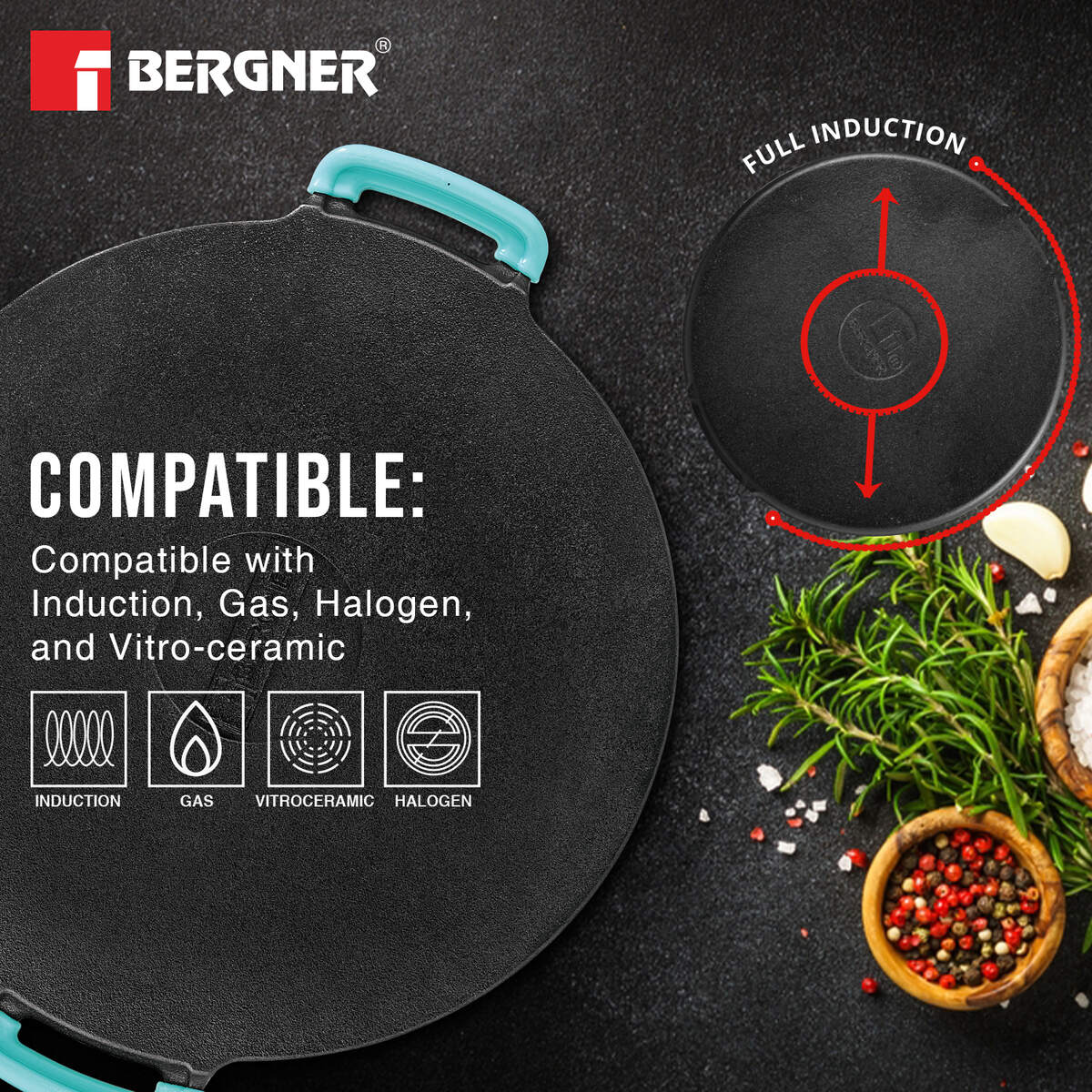 Bergner Eco Cast Iron 30cm Dosa Tawa, Comes with Silicone Sleeve - Induction Bottom (Black)