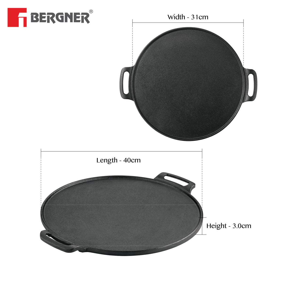 Bergner Eco Cast Iron 30cm Dosa Tawa, Comes with Silicone Sleeve - Induction Bottom (Black)