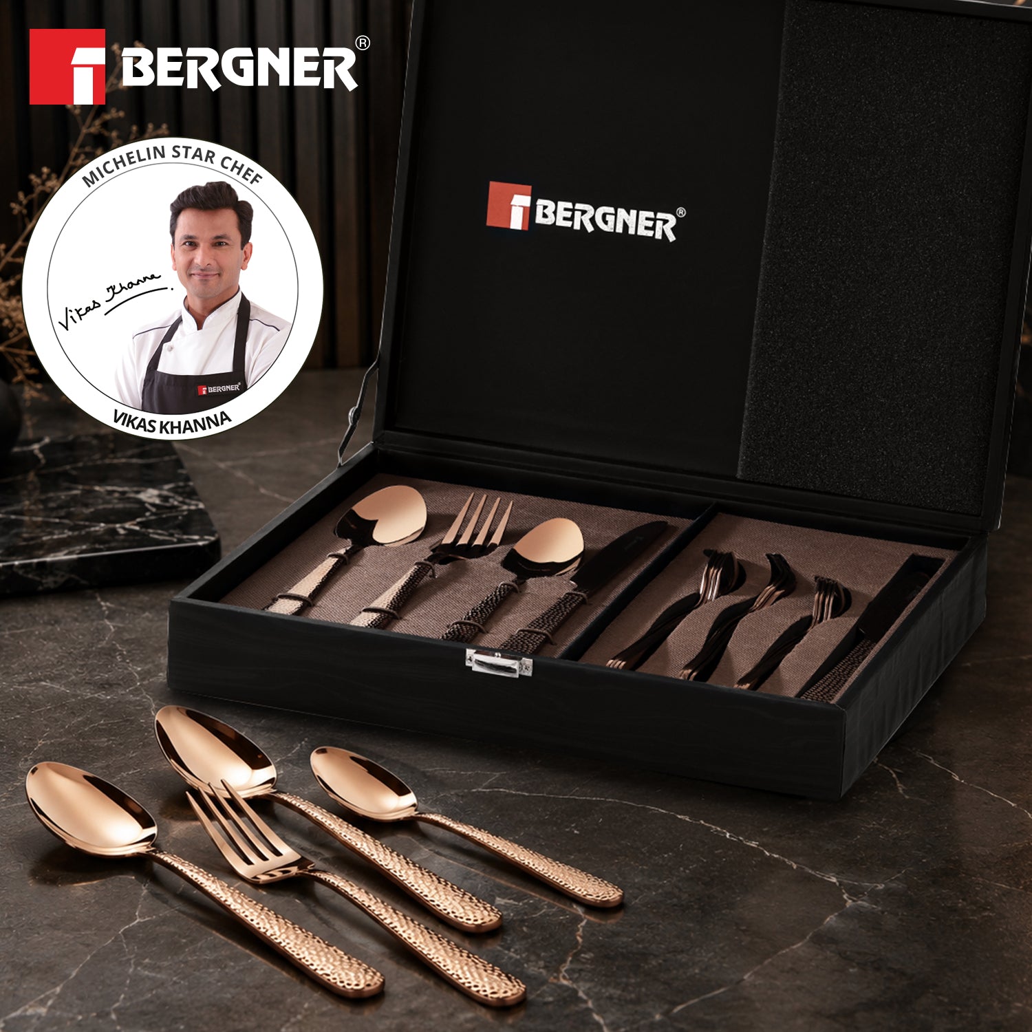 Venezia 24cm Hammered Rosegold Cutlery Set
