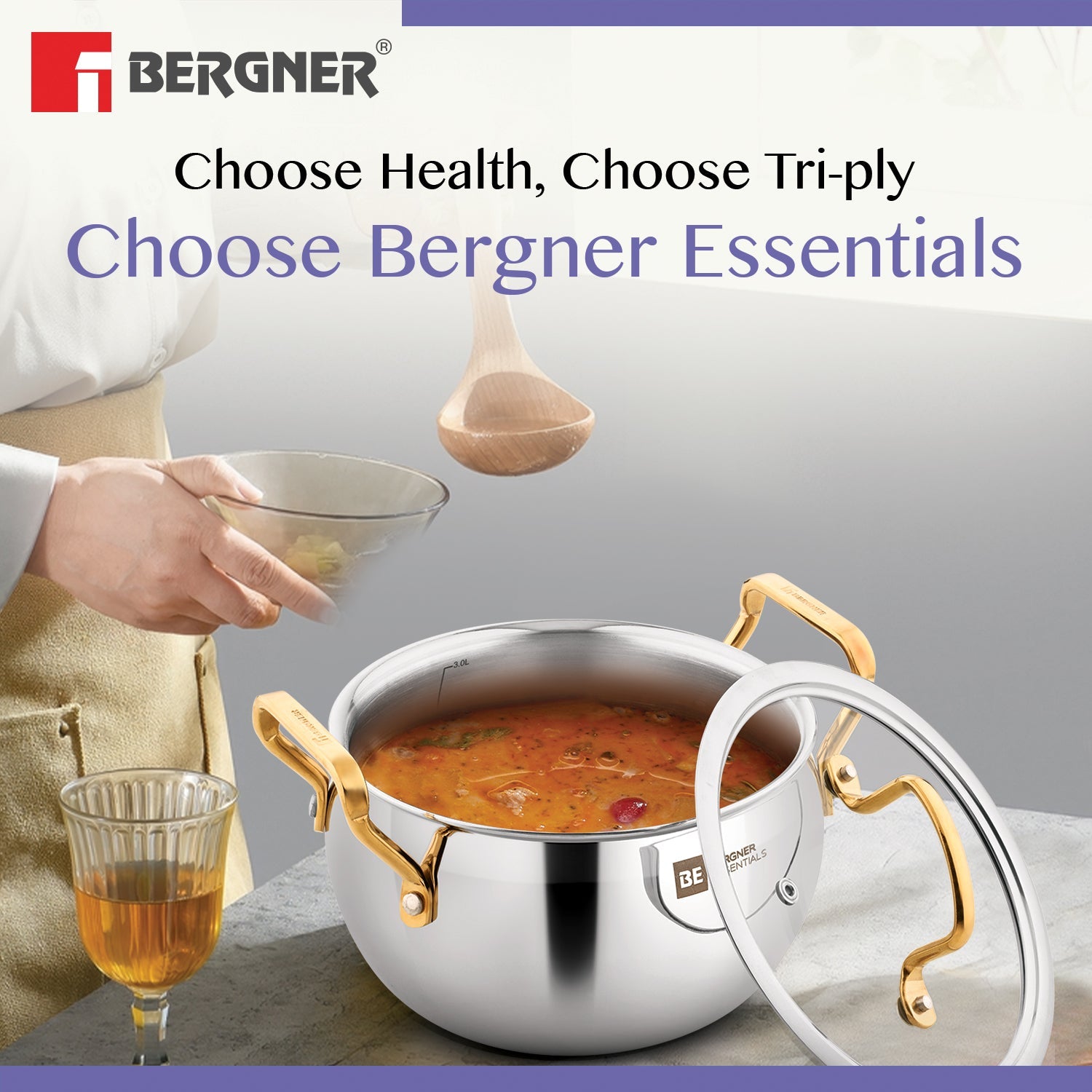 BE Essentials Rishi Gold Tri-Ply Stainless Steel 4 Pcs Rice Handi Set