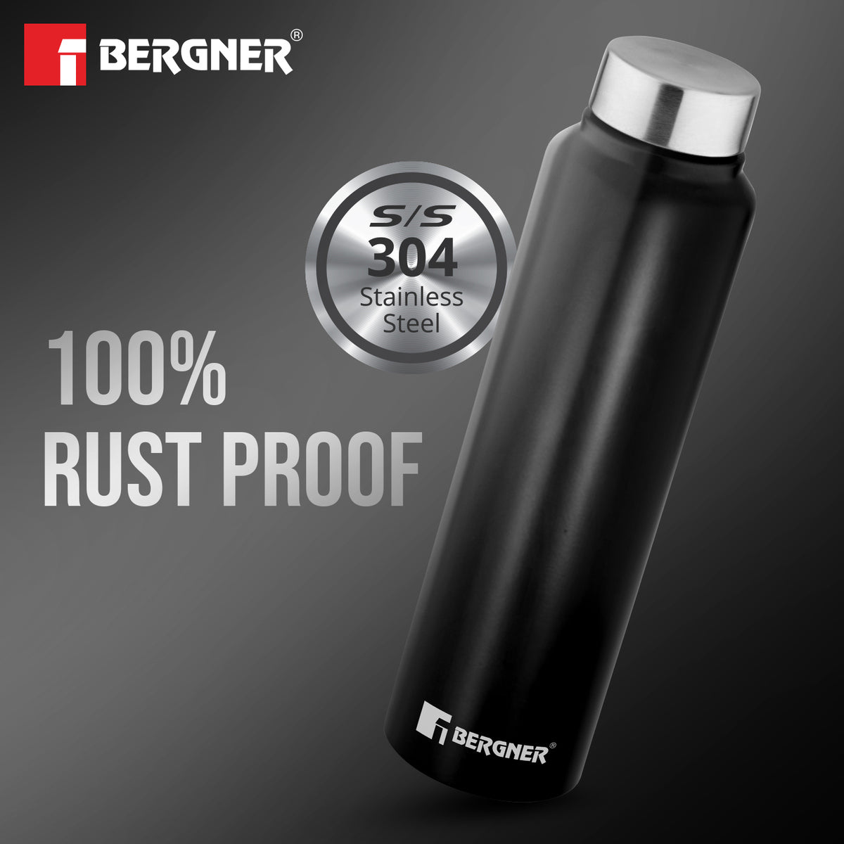Walking Stainless Steel 1000ml Water Bottle, Rustproof, Airtight and Leakproof - Black