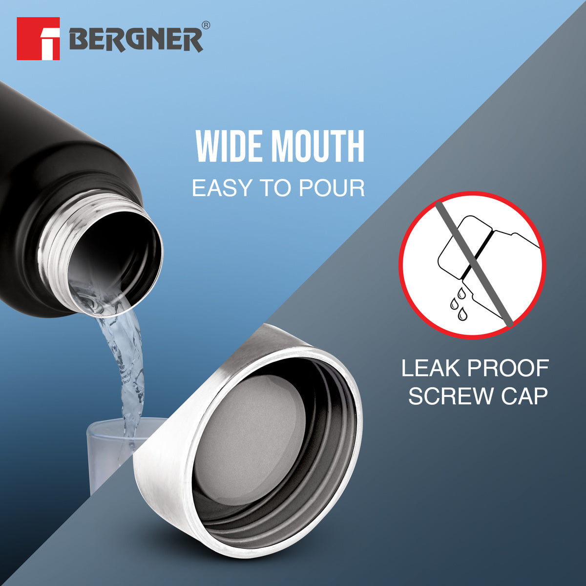 Walking Stainless Steel 1000ml Water Bottle, Rustproof, Airtight and Leakproof - Black