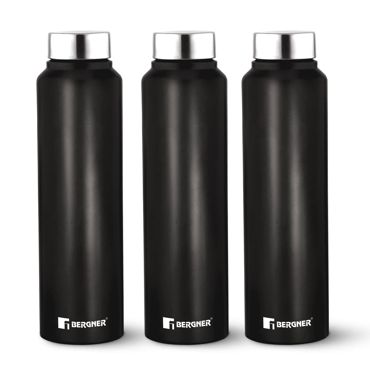 Bergner Walking Stainless Steel 3 Pcs (1000ml each) Water Bottles, Rustproof, Airtight and Leakproof For Office, Home, College, Gym, Travel - Black