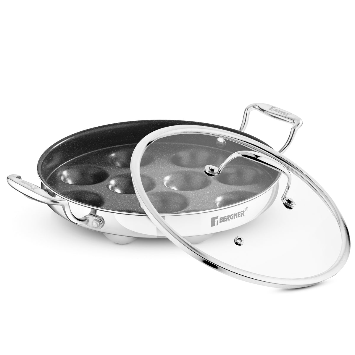 Bergner Argent Samsara Tri-Ply Stainless Steel Round Paniyarakkal with 11 Pits and Glass Lid (25cm Diameter), Quantanium Non-Stick Coating, Consumes Less Oil - Induction Bottom