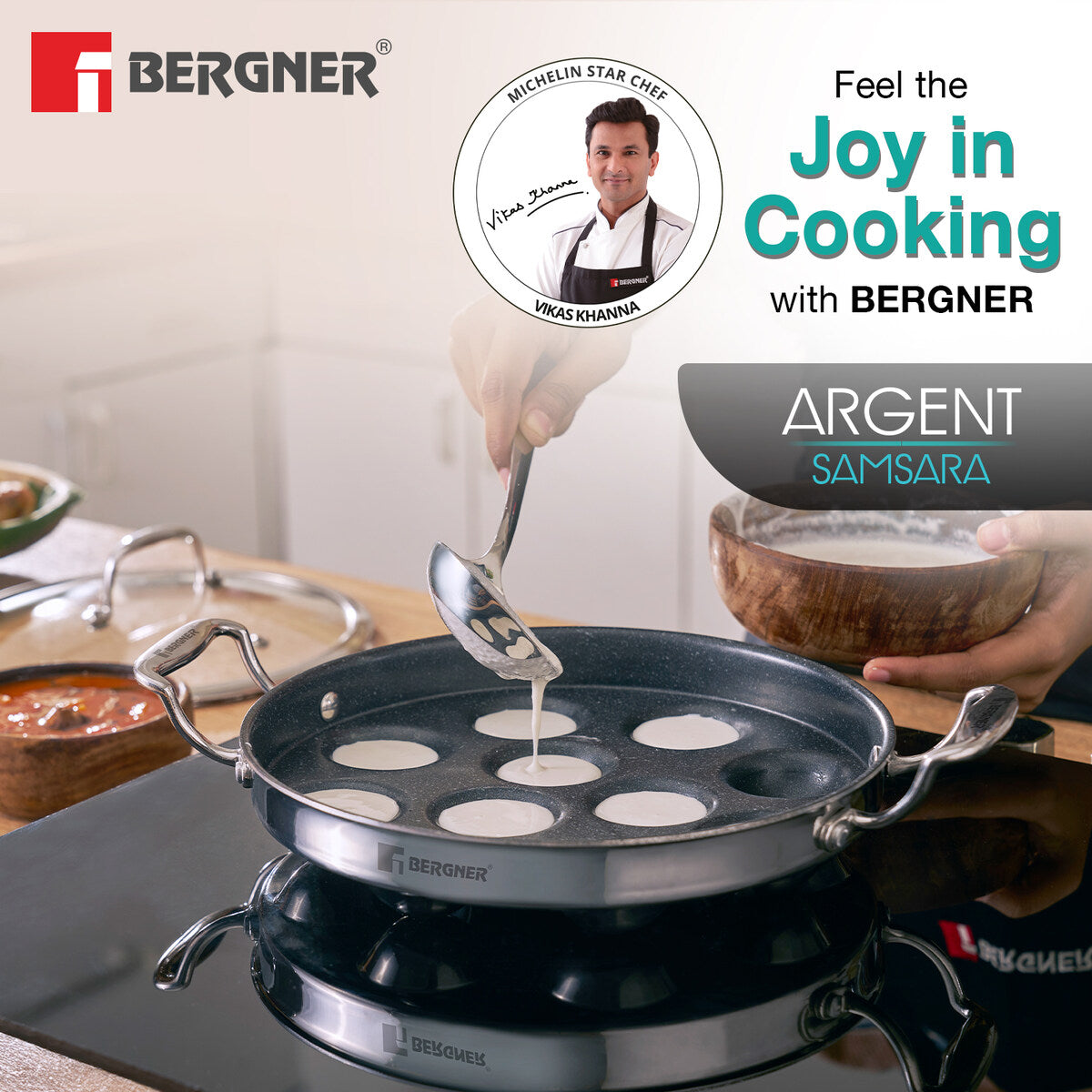 Bergner Argent Samsara Tri-Ply Stainless Steel Round Paniyarakkal with 11 Pits and Glass Lid (25cm Diameter), Quantanium Non-Stick Coating, Consumes Less Oil - Induction Bottom