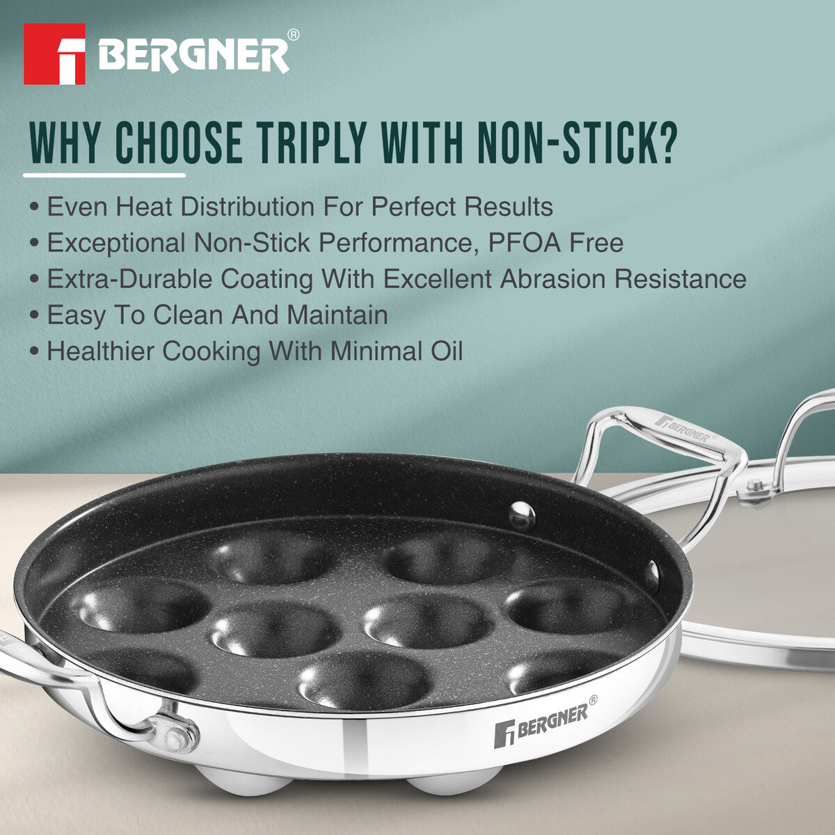 Bergner Argent Samsara Tri-Ply Stainless Steel Round Paniyarakkal with 11 Pits and Glass Lid (25cm Diameter), Quantanium Non-Stick Coating, Consumes Less Oil - Induction Bottom