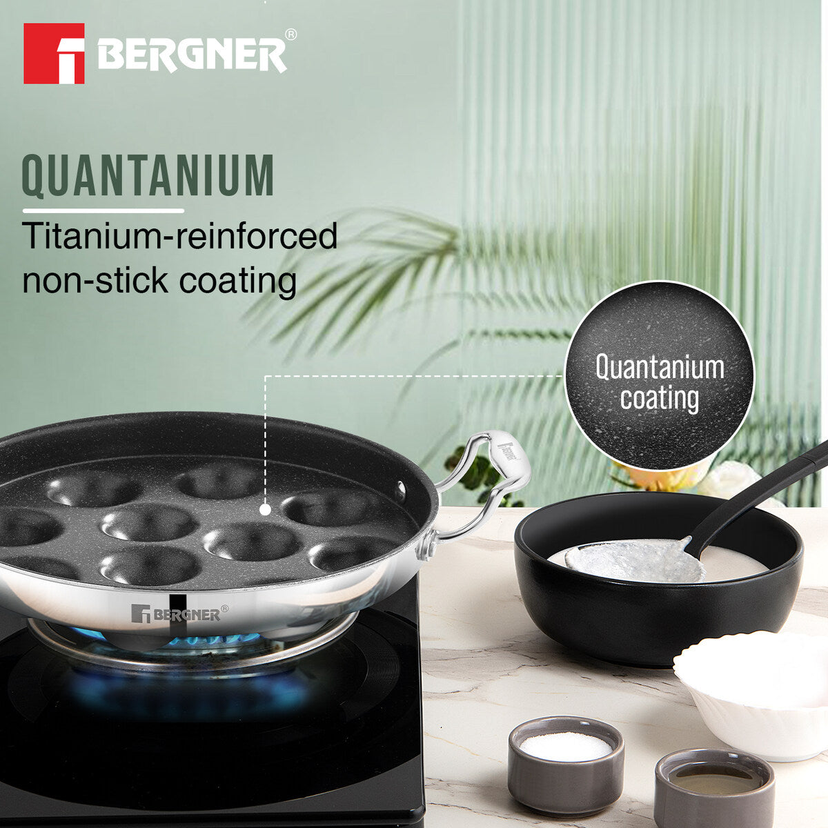 Bergner Argent Samsara Tri-Ply Stainless Steel Round Paniyarakkal with 11 Pits and Glass Lid (25cm Diameter), Quantanium Non-Stick Coating, Consumes Less Oil - Induction Bottom