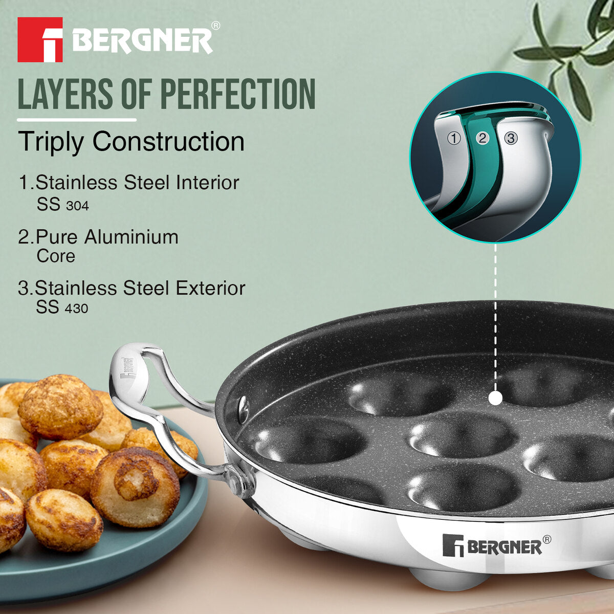 Bergner Argent Samsara Tri-Ply Stainless Steel Round Paniyarakkal with 11 Pits and Glass Lid (25cm Diameter), Quantanium Non-Stick Coating, Consumes Less Oil - Induction Bottom