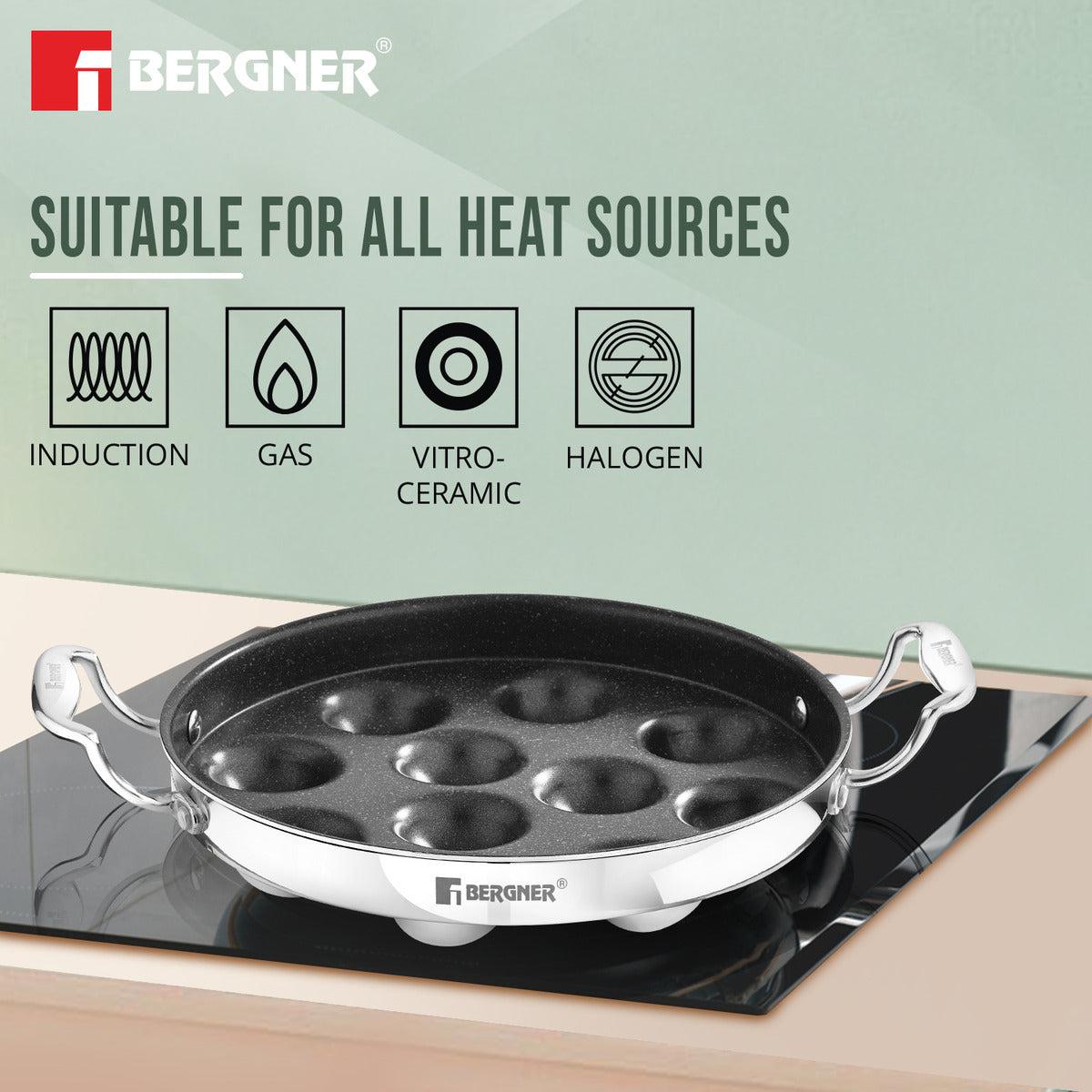 Bergner Argent Samsara Tri-Ply Stainless Steel Round Paniyarakkal with 11 Pits and Glass Lid (25cm Diameter), Quantanium Non-Stick Coating, Consumes Less Oil - Induction Bottom