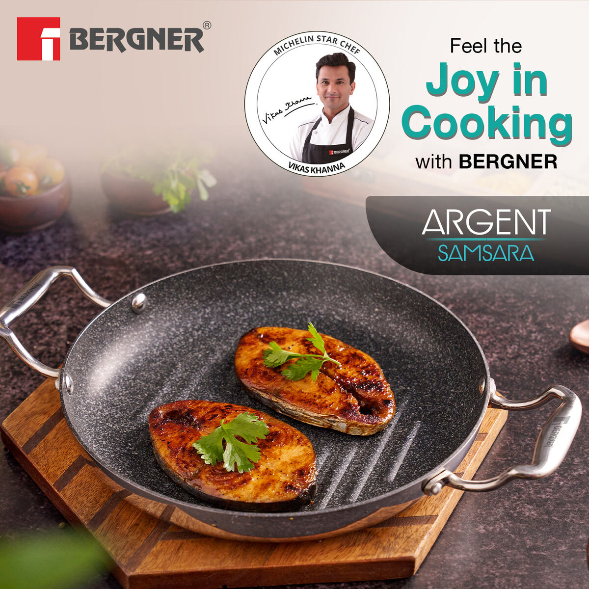 Bergner Argent Samsara Tri-Ply Stainless Steel 26cm Round Grill Pan with Quantanium Non-Stick Coating, Consumes Less Oil - Induction Bottom