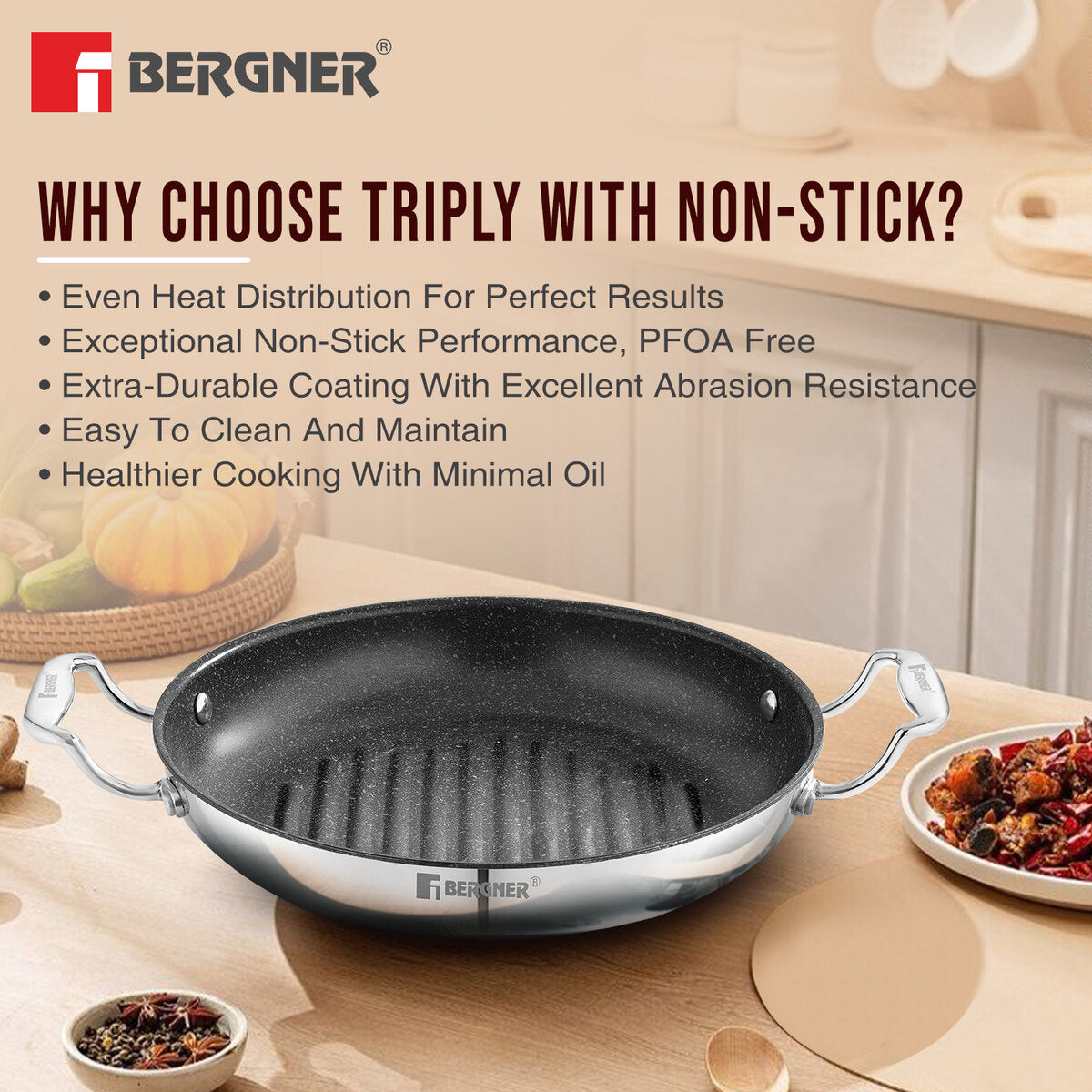 Bergner Argent Samsara Tri-Ply Stainless Steel 26cm Round Grill Pan with Quantanium Non-Stick Coating, Consumes Less Oil - Induction Bottom