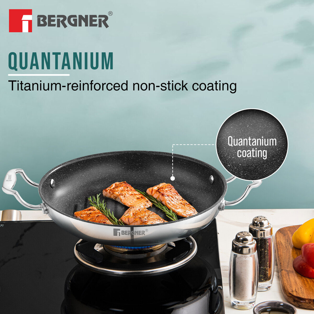 Bergner Argent Samsara Tri-Ply Stainless Steel 26cm Round Grill Pan with Quantanium Non-Stick Coating, Consumes Less Oil - Induction Bottom