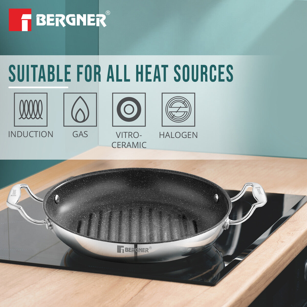 Bergner Argent Samsara Tri-Ply Stainless Steel 26cm Round Grill Pan with Quantanium Non-Stick Coating, Consumes Less Oil - Induction Bottom