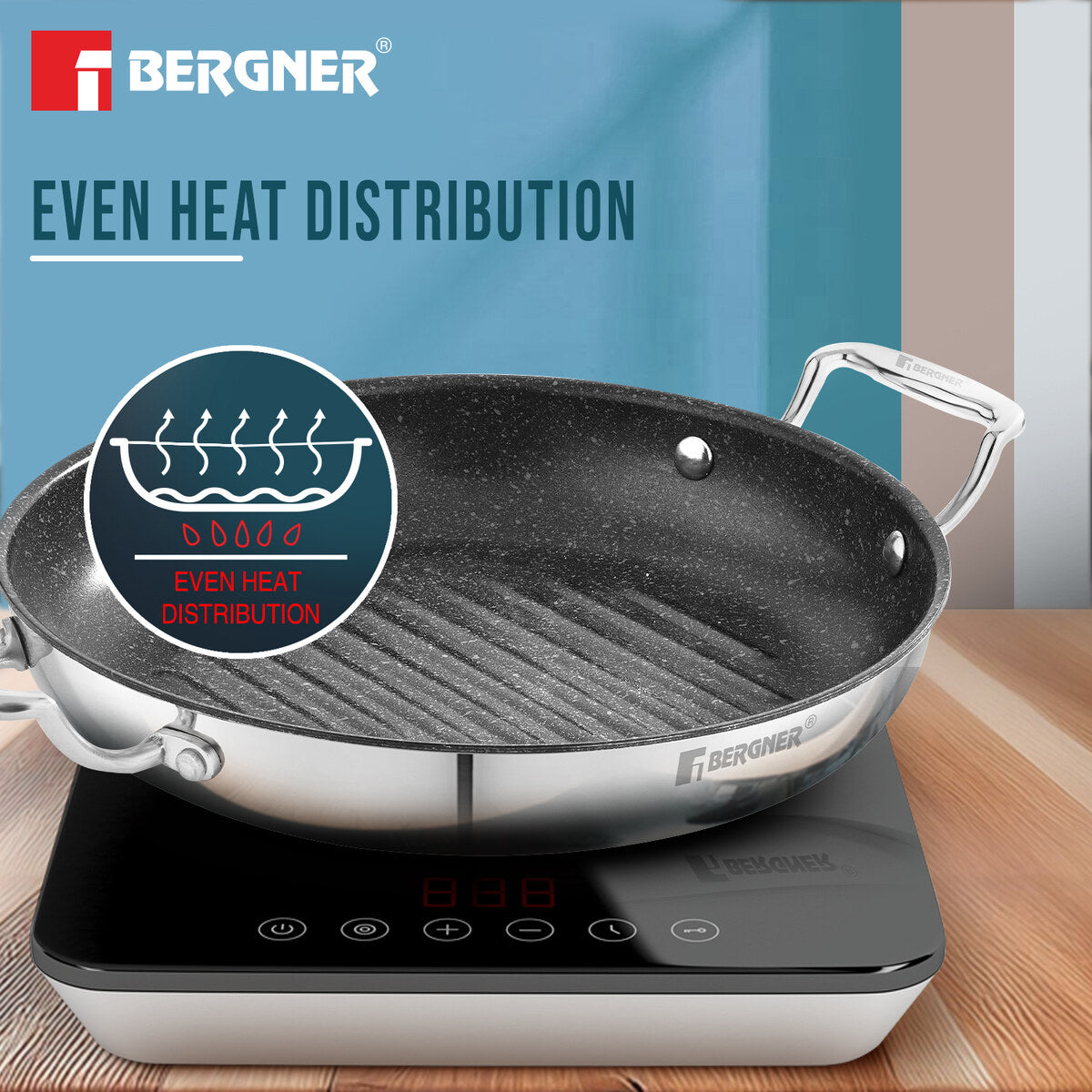 Bergner Argent Samsara Tri-Ply Stainless Steel 26cm Round Grill Pan with Quantanium Non-Stick Coating, Consumes Less Oil - Induction Bottom