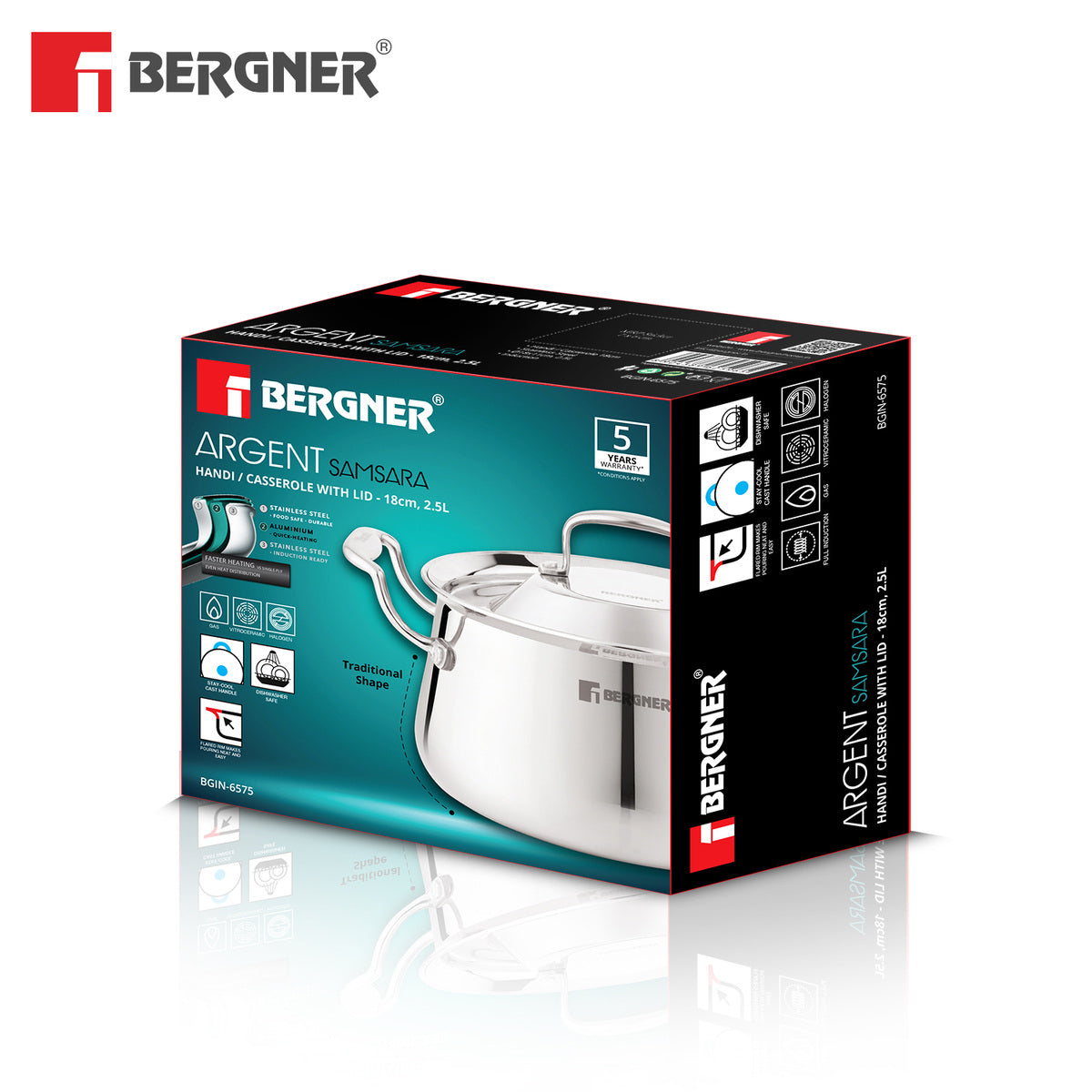 Bergner Argent Samsara Tri-Ply Stainless Steel Biryani Handi with Stainless Steel Lid, Consumes Less Oil - Induction Bottom