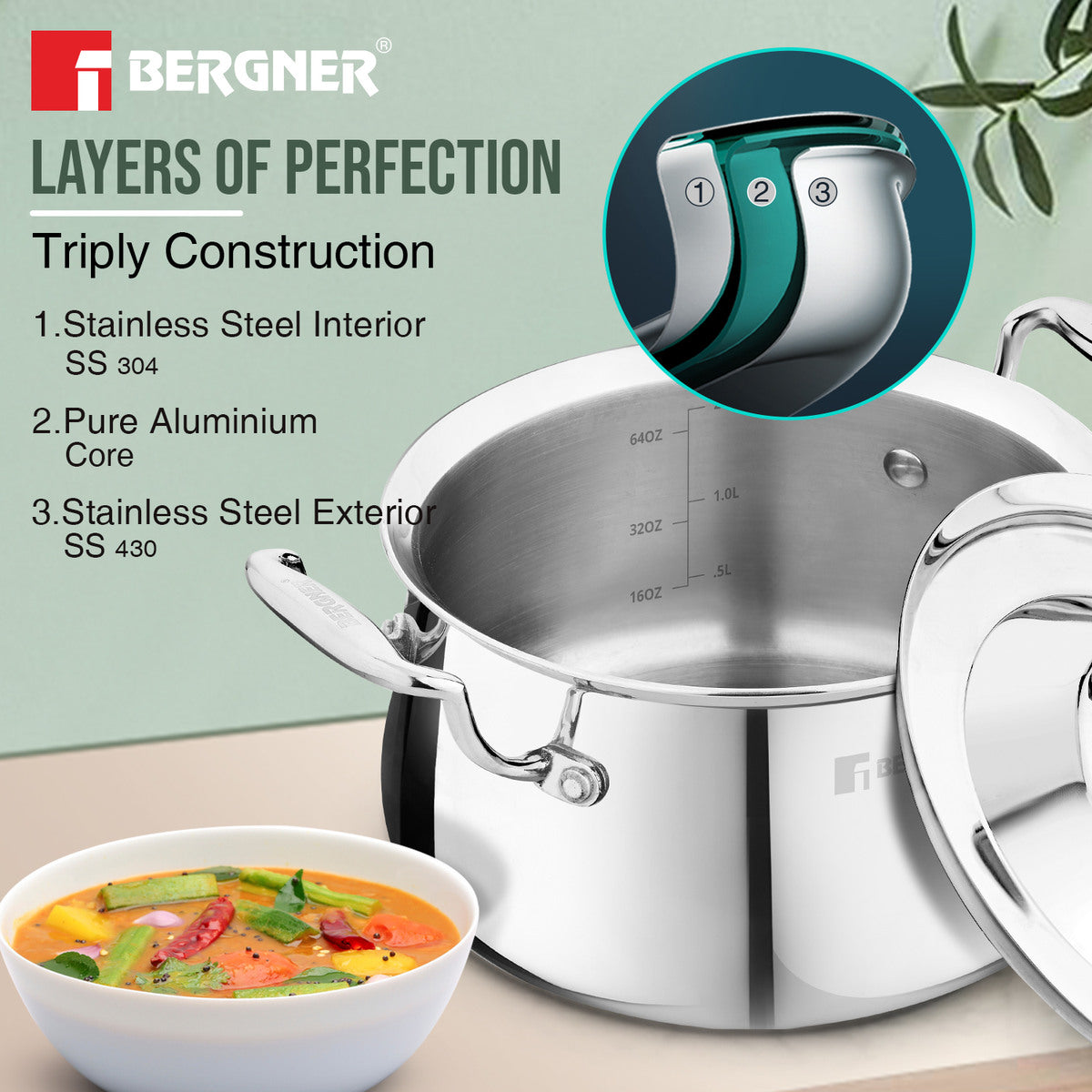 Argent Samsara Tri-Ply Stainless Steel Biryani Handi - Induction Bottom