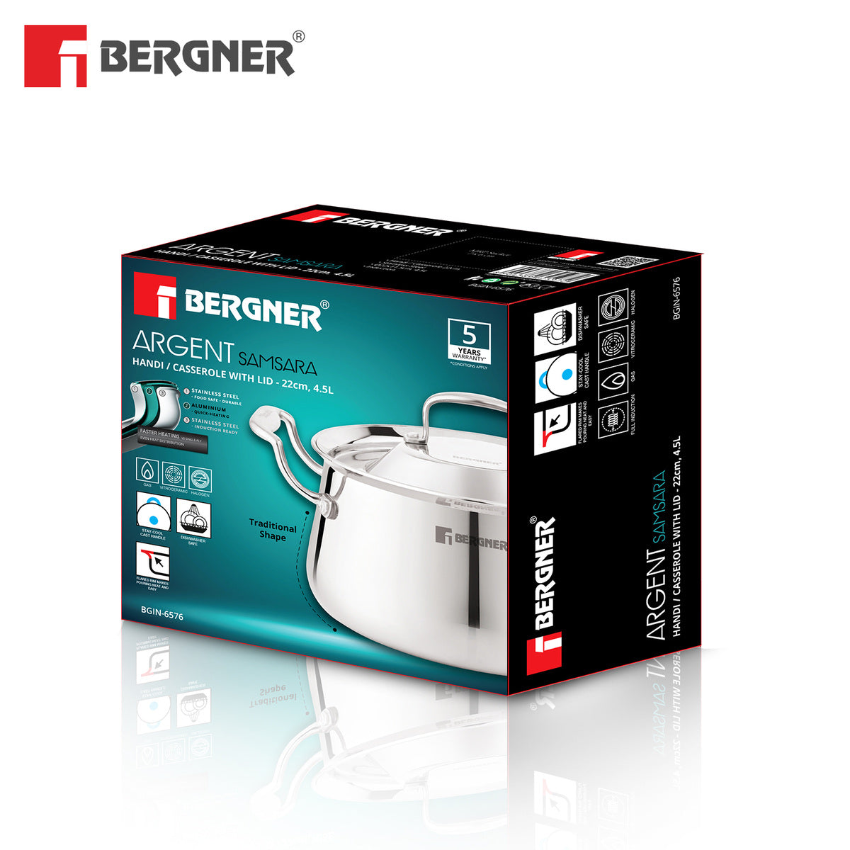 Bergner Argent Samsara Tri-Ply Stainless Steel Biryani Handi with Stainless Steel Lid, Consumes Less Oil - Induction Bottom