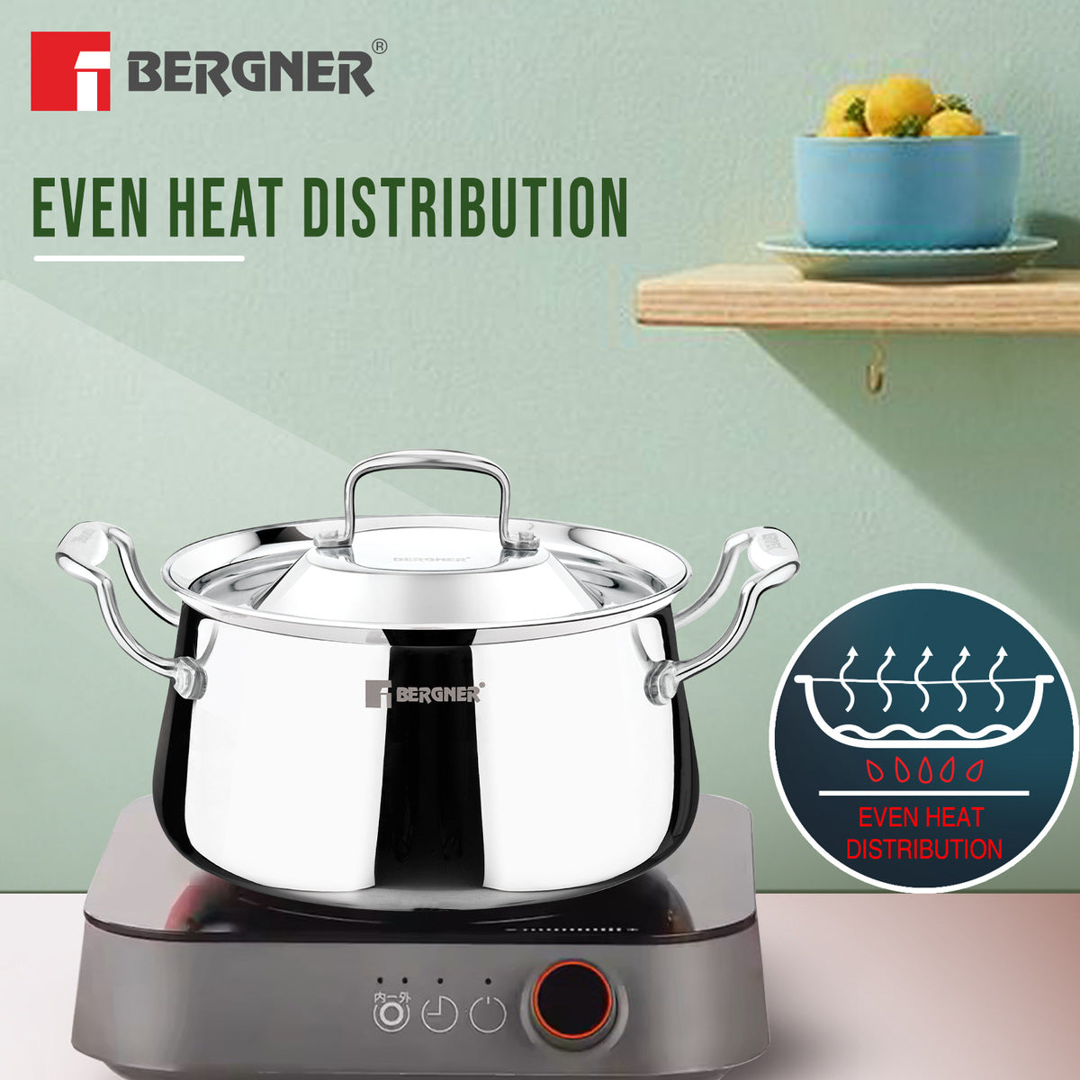 Bergner Argent Samsara Tri-Ply Stainless Steel 28cm (8.5 L) Biryani Handi with Stainless Steel Lid, Consumes Less Oil - Induction Bottom