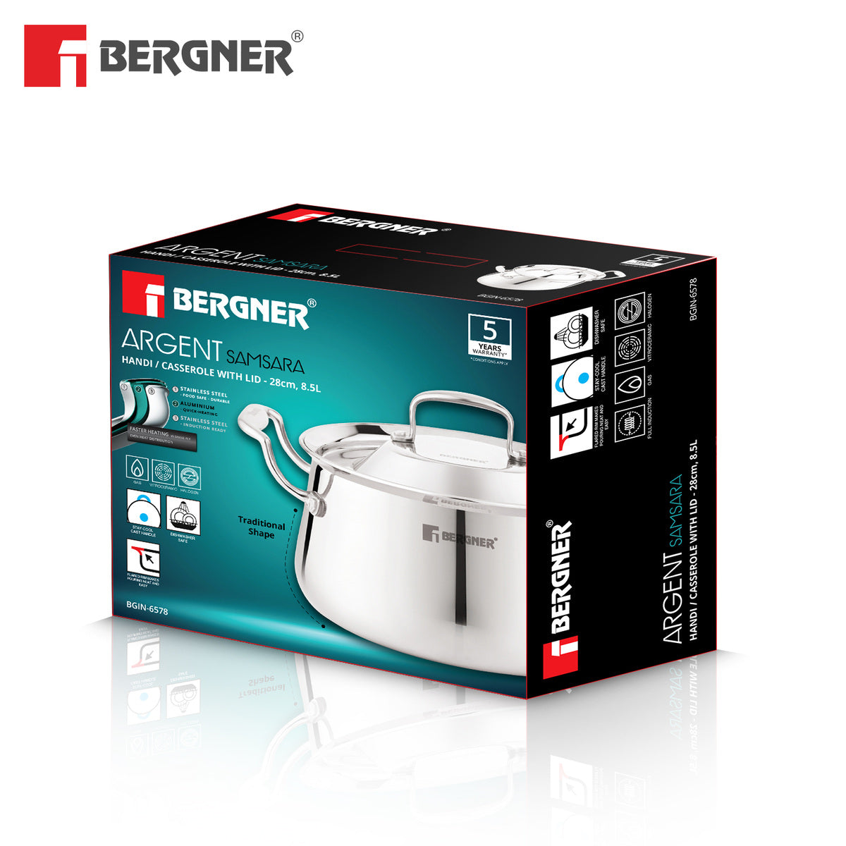Bergner Argent Samsara Tri-Ply Stainless Steel 28cm (8.5 L) Biryani Handi with Stainless Steel Lid, Consumes Less Oil - Induction Bottom