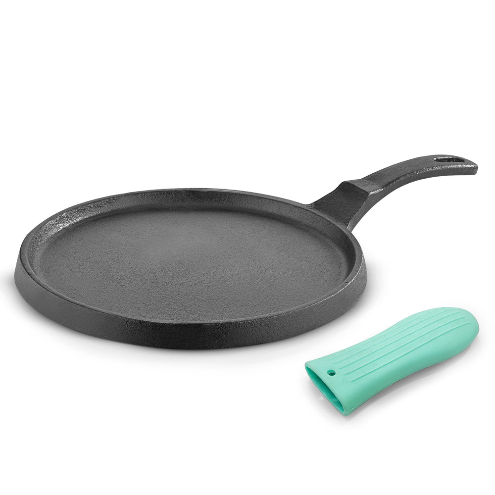 Bergner Eco Cast Iron 26cm Pizza Pan, Pre-Seasoned, Even Heat Distribution, Comes with Silicone Sleeves - Induction Compatible
