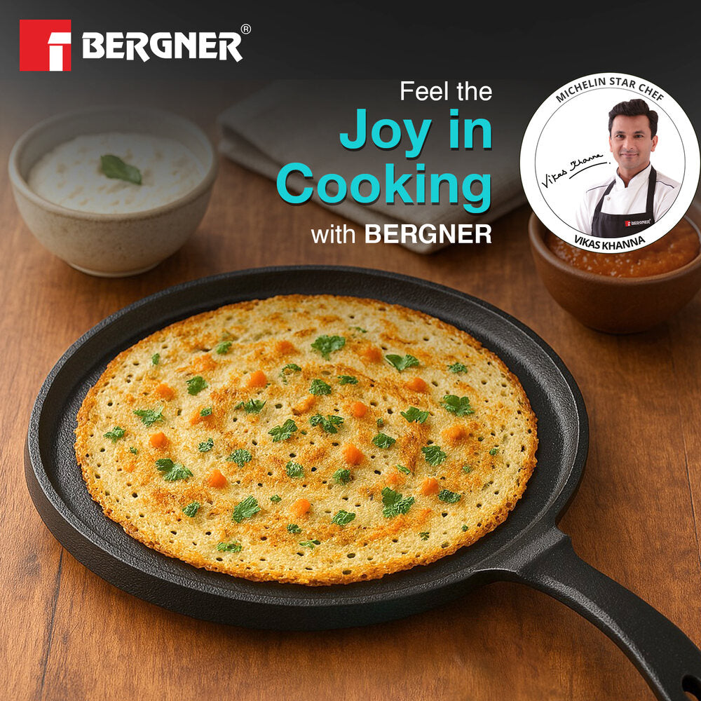 Bergner Eco Cast Iron 26cm Pizza Pan, Pre-Seasoned, Even Heat Distribution, Comes with Silicone Sleeves - Induction Compatible